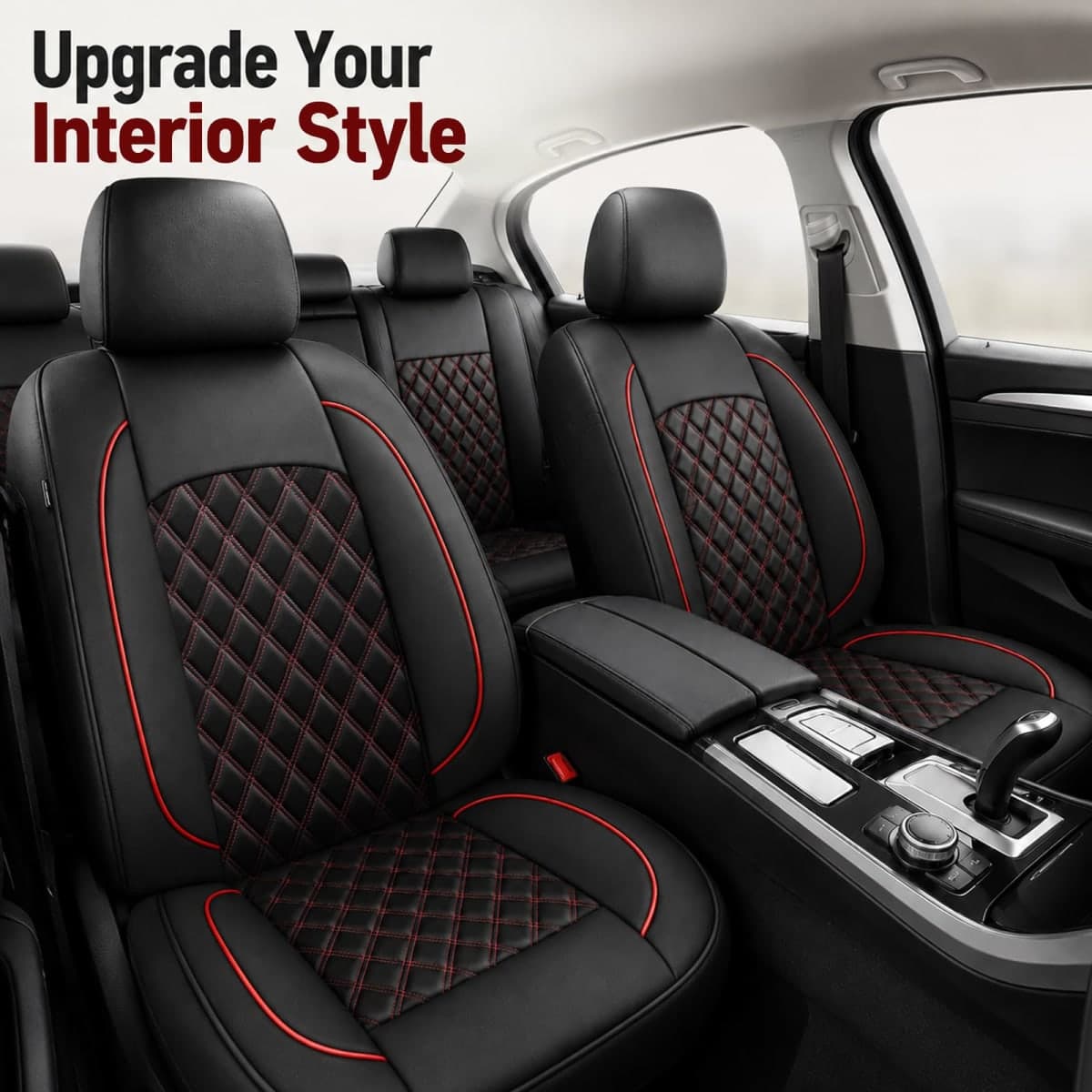 HChengkikz Car Seat Covers Full Set,Breathable and Waterproof Napa Leather Car Seat Cover,Interior Universal Fit for Cars,Sedans,SUVs,Vans,Trucks(Full Seat,Black+Red,N3) thumbnail 2