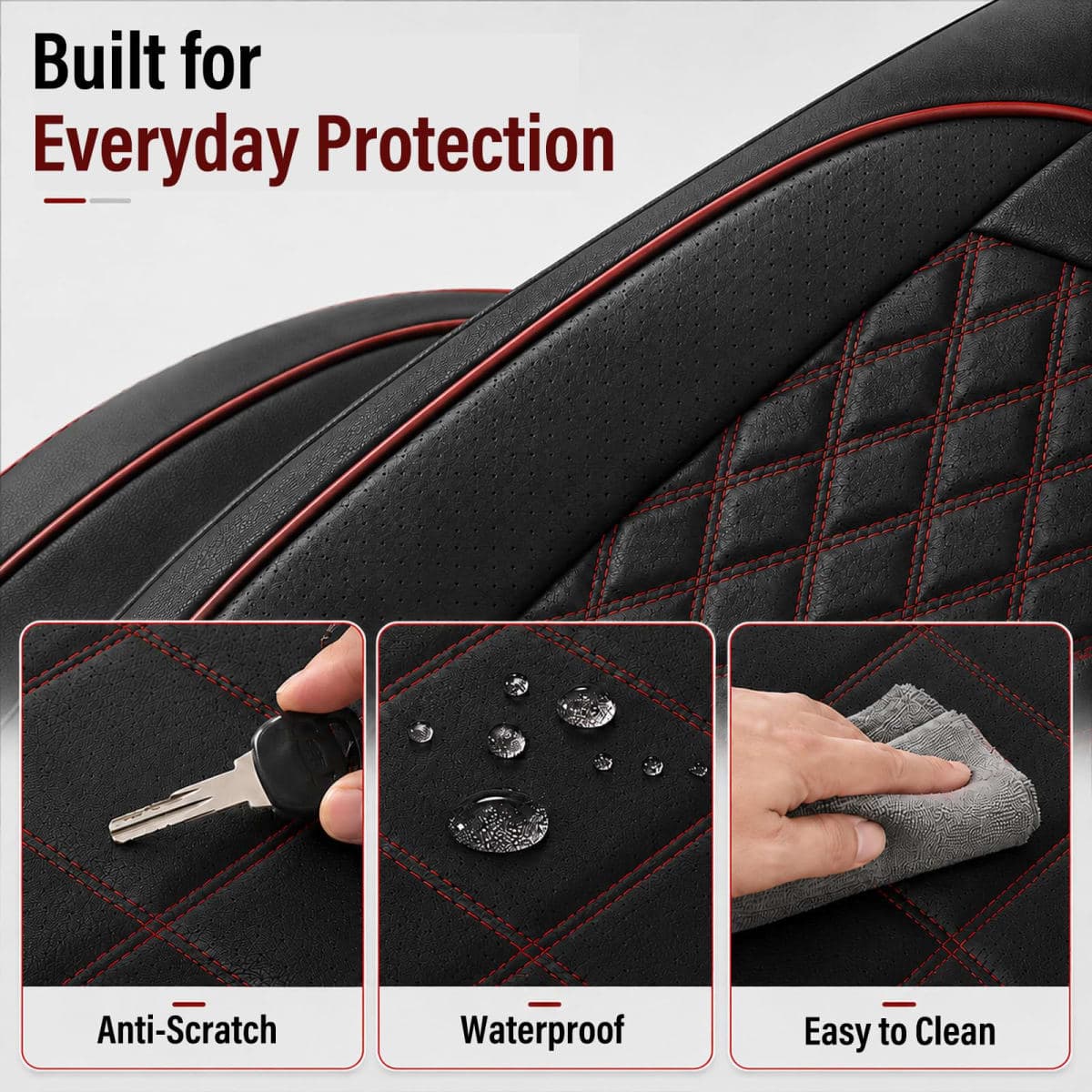 HChengkikz Car Seat Covers Full Set,Breathable and Waterproof Napa Leather Car Seat Cover,Interior Universal Fit for Cars,Sedans,SUVs,Vans,Trucks(Full Seat,Black+Red,N3) thumbnail 3
