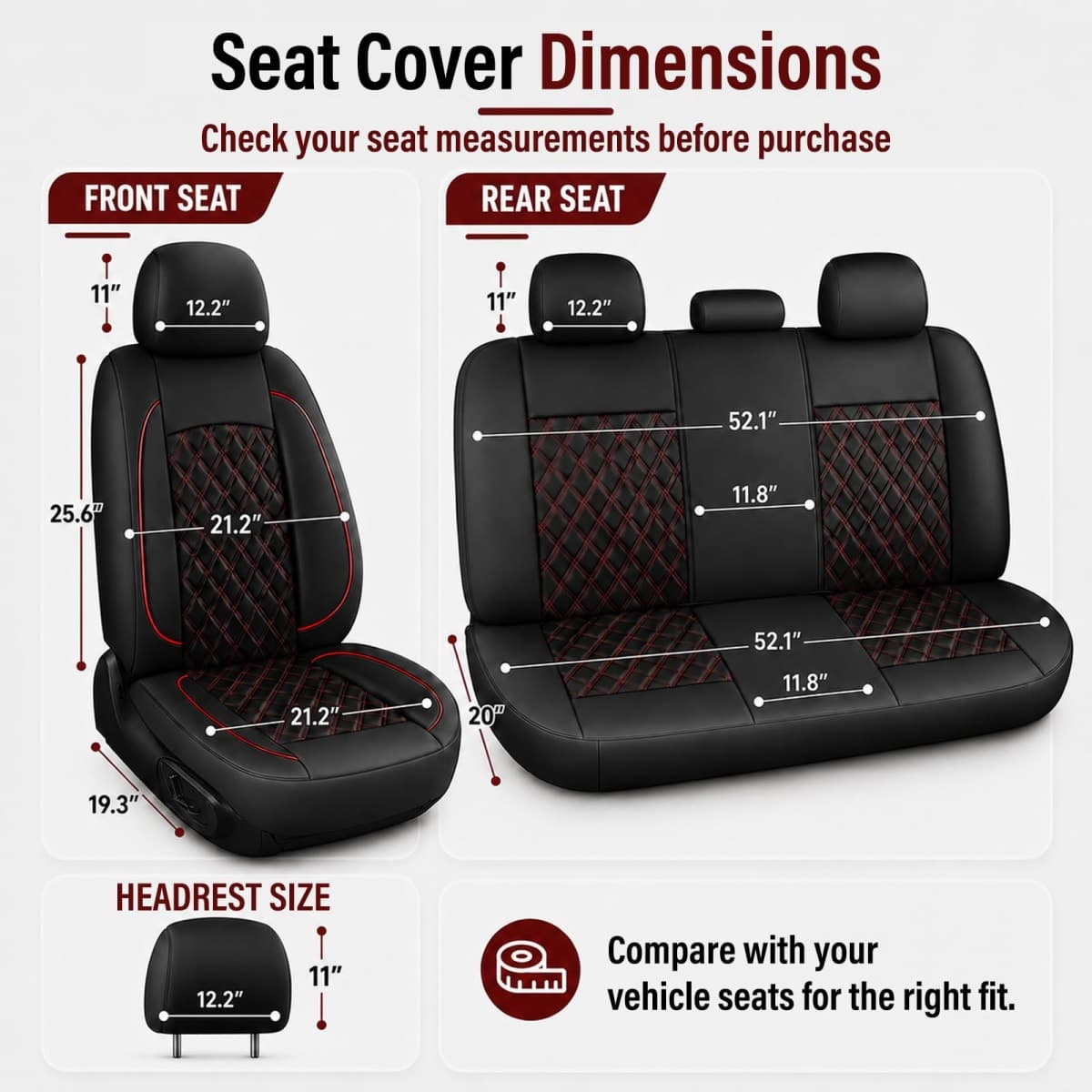 HChengkikz Car Seat Covers Full Set,Breathable and Waterproof Napa Leather Car Seat Cover,Interior Universal Fit for Cars,Sedans,SUVs,Vans,Trucks(Full Seat,Black+Red,N3) thumbnail 4