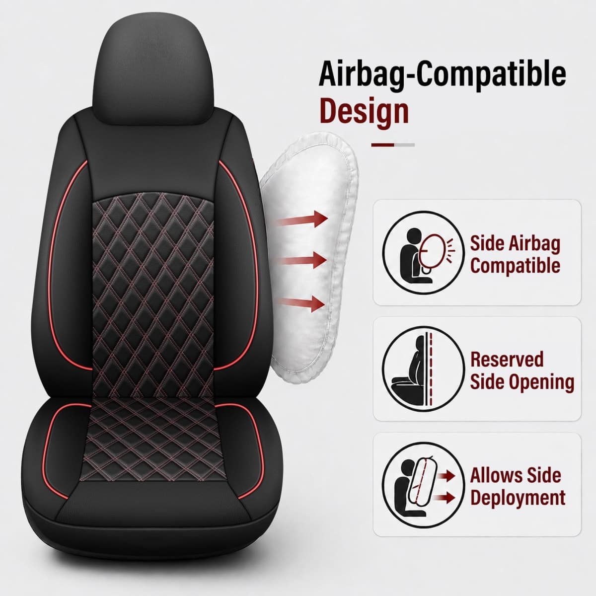 HChengkikz Car Seat Covers Full Set,Breathable and Waterproof Napa Leather Car Seat Cover,Interior Universal Fit for Cars,Sedans,SUVs,Vans,Trucks(Full Seat,Black+Red,N3) thumbnail 5