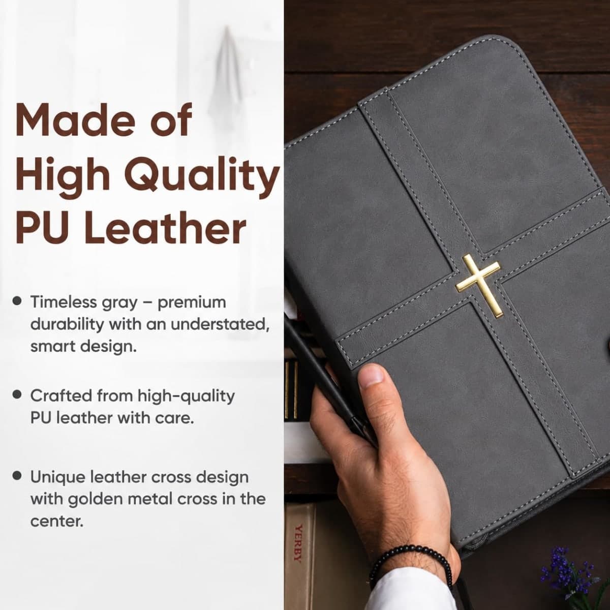 Bible Cover, Discreet & Elegant Bible Case, Brown PU Leather Bible Cover, Cross Design Bible Bags, Strong and Sturdy Book Case, Includes Premium Bookmark (Gray) thumbnail 2
