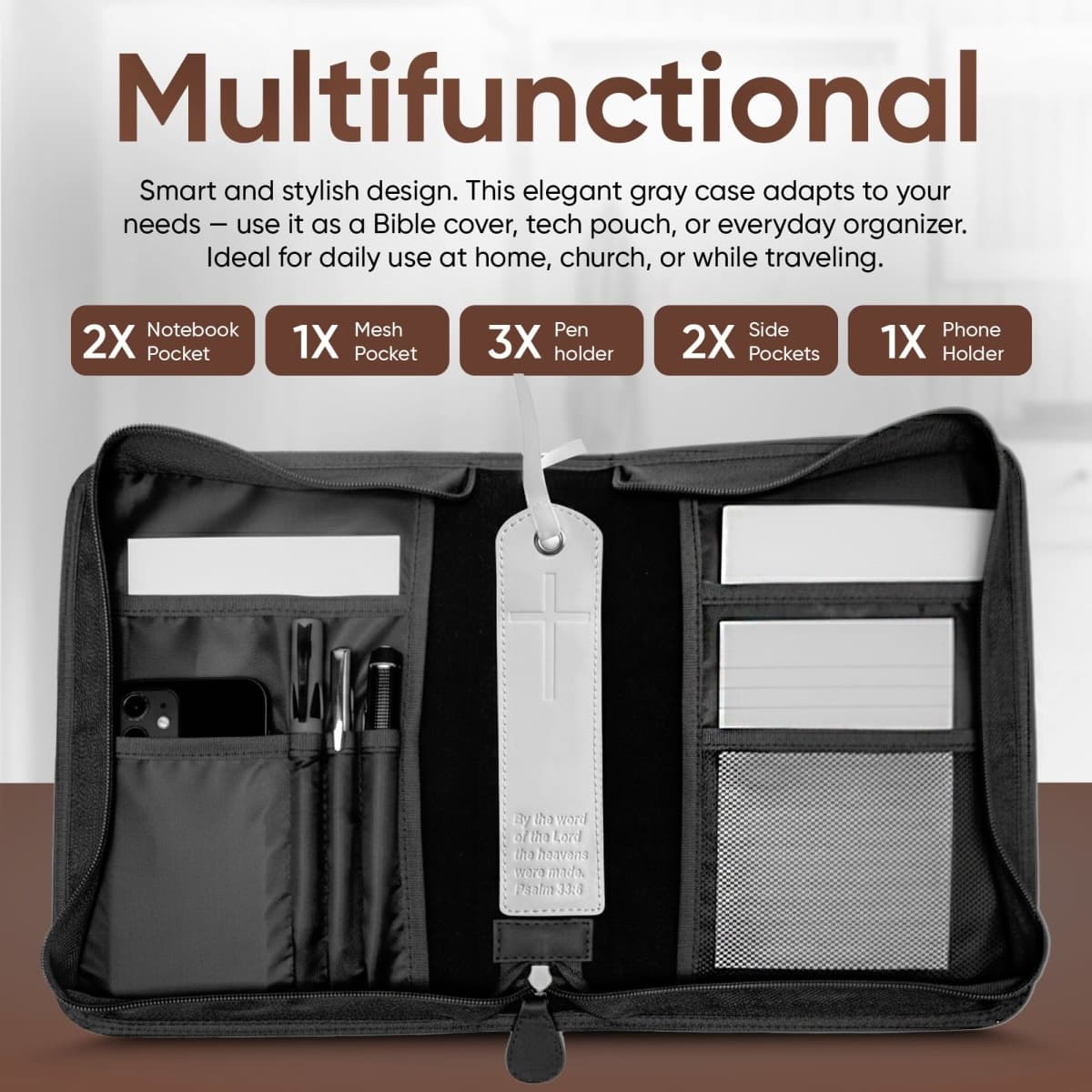Bible Cover, Discreet & Elegant Bible Case, Brown PU Leather Bible Cover, Cross Design Bible Bags, Strong and Sturdy Book Case, Includes Premium Bookmark (Gray) thumbnail 3
