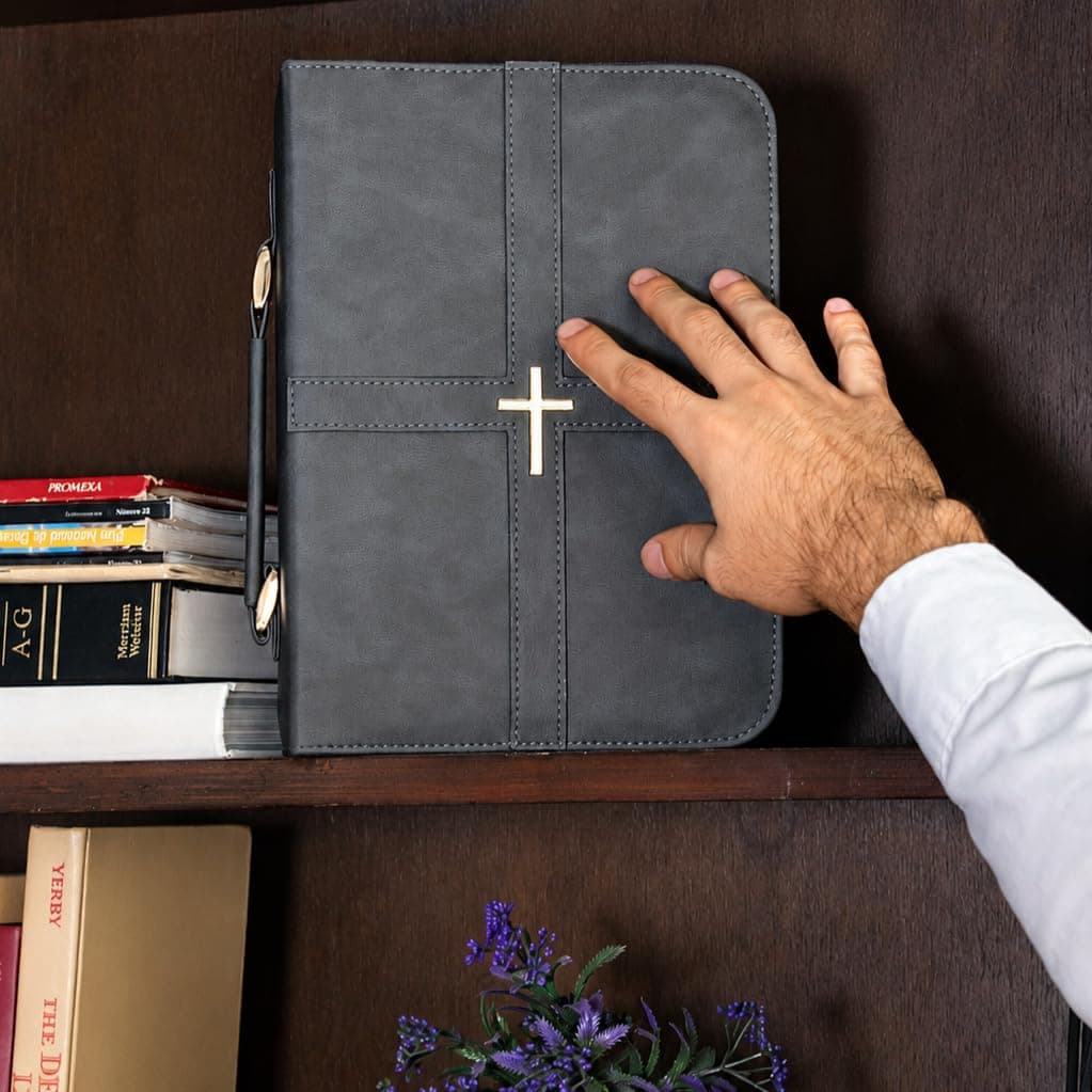 Bible Cover, Discreet & Elegant Bible Case, Brown PU Leather Bible Cover, Cross Design Bible Bags, Strong and Sturdy Book Case, Includes Premium Bookmark (Gray) thumbnail 4