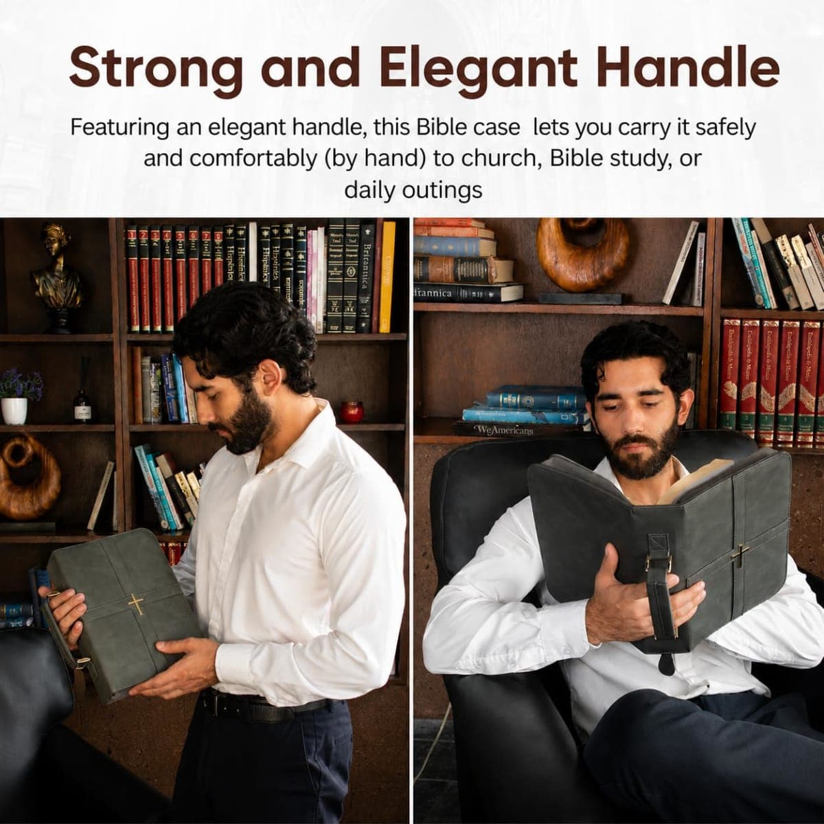 Bible Cover, Discreet & Elegant Bible Case, Brown PU Leather Bible Cover, Cross Design Bible Bags, Strong and Sturdy Book Case, Includes Premium Bookmark (Gray) thumbnail 5