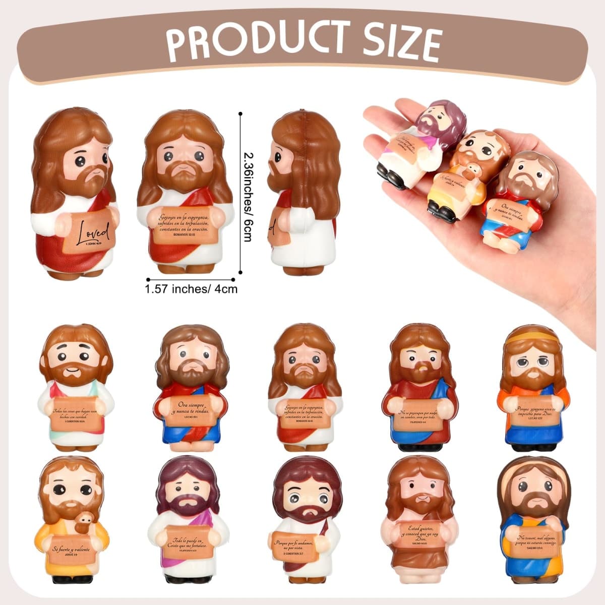 Sotiff 20 Pcs Christian Valentine Gift Bulk Mini Jesus Figures Foam Stress Relief Gift Inspirational Christian Stress Ball Religious Party Favor for Mom Dad Wife Family Church Teacher Friend (Spanish) thumbnail 2
