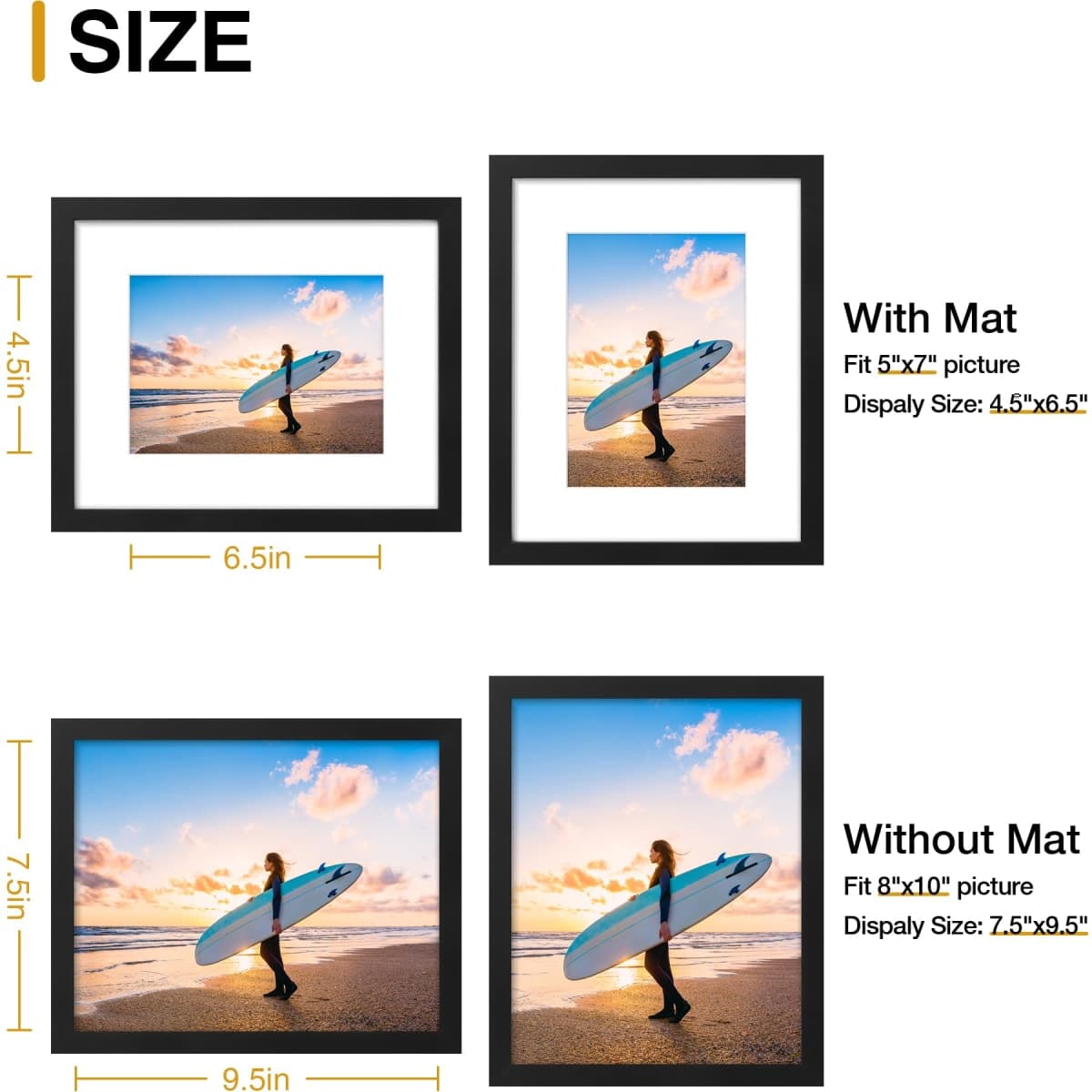 decorUhome 8x10 Picture Frame, Display Pictures 5x7 with Mat or 8x10 without Mat, Wall & Tabletop Display Photo Frame, Black, 1 Pack thumbnail 4