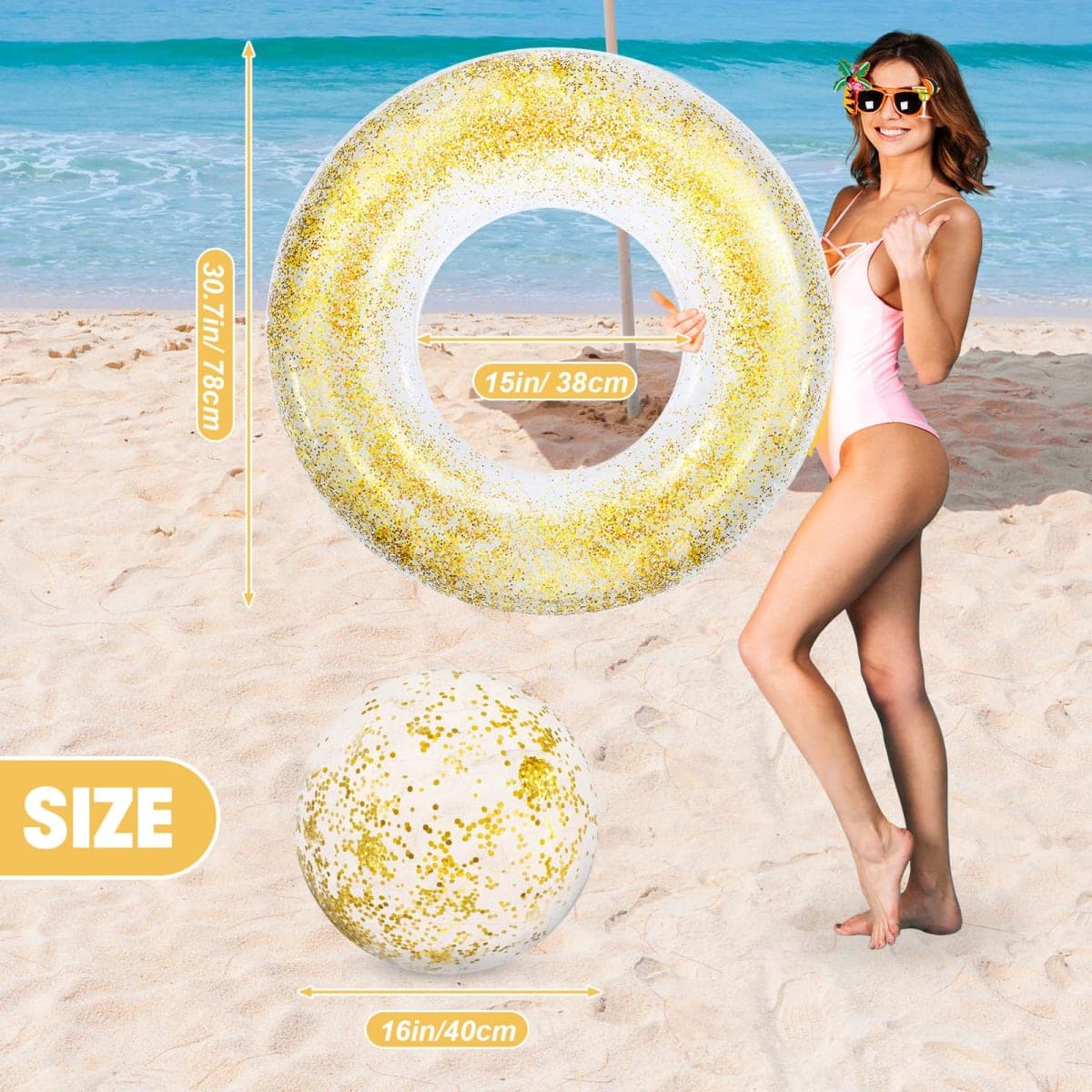 Glimin 12 Pack Pink Striped Inflatable Pool Floats Set Include 31 Inch Adults Swim Rings and 16 Inch Inflatable Beach Balls with Gold Confetti for Summer, Beach & Pool Party Decorations thumbnail 3