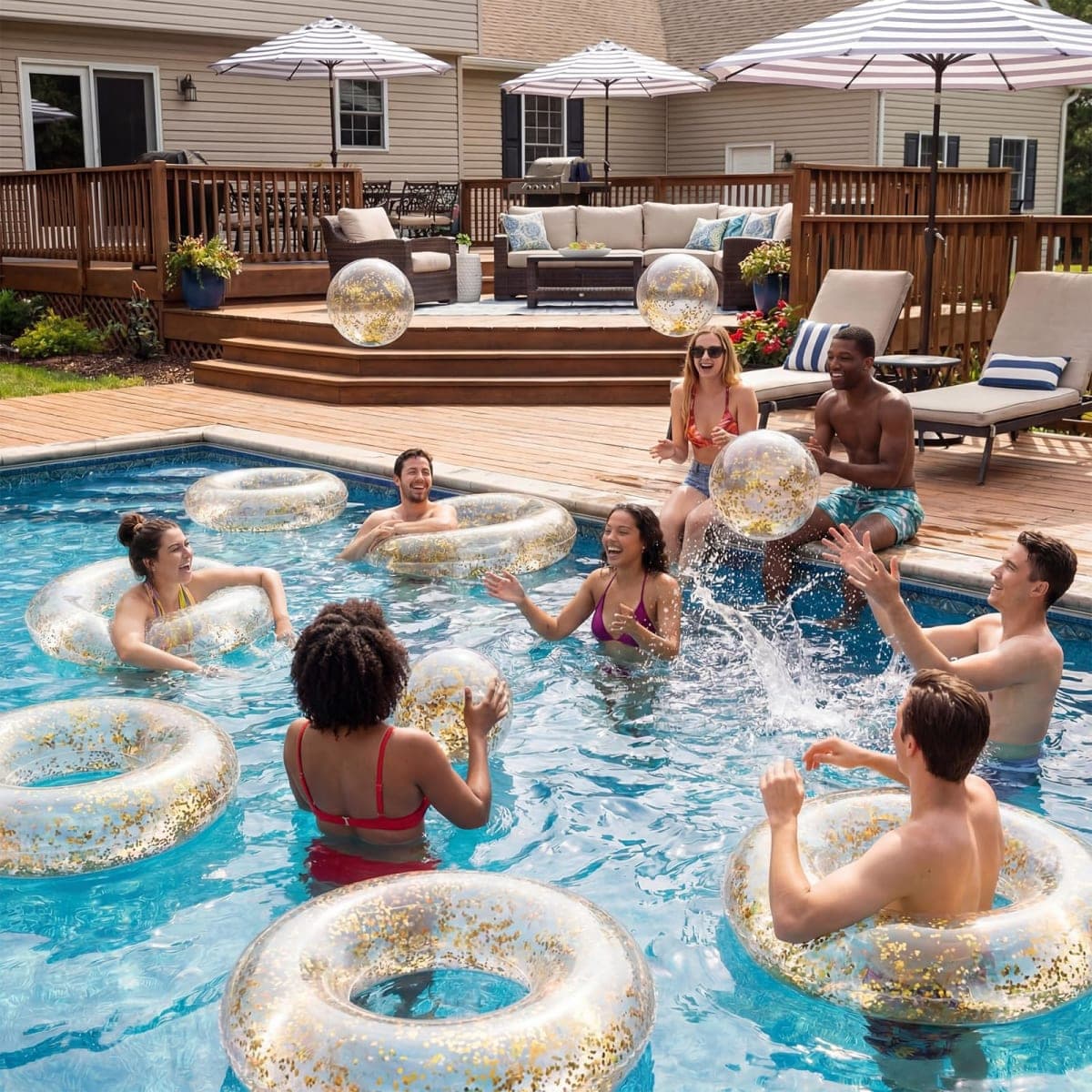 Glimin 12 Pack Pink Striped Inflatable Pool Floats Set Include 31 Inch Adults Swim Rings and 16 Inch Inflatable Beach Balls with Gold Confetti for Summer, Beach & Pool Party Decorations thumbnail 4