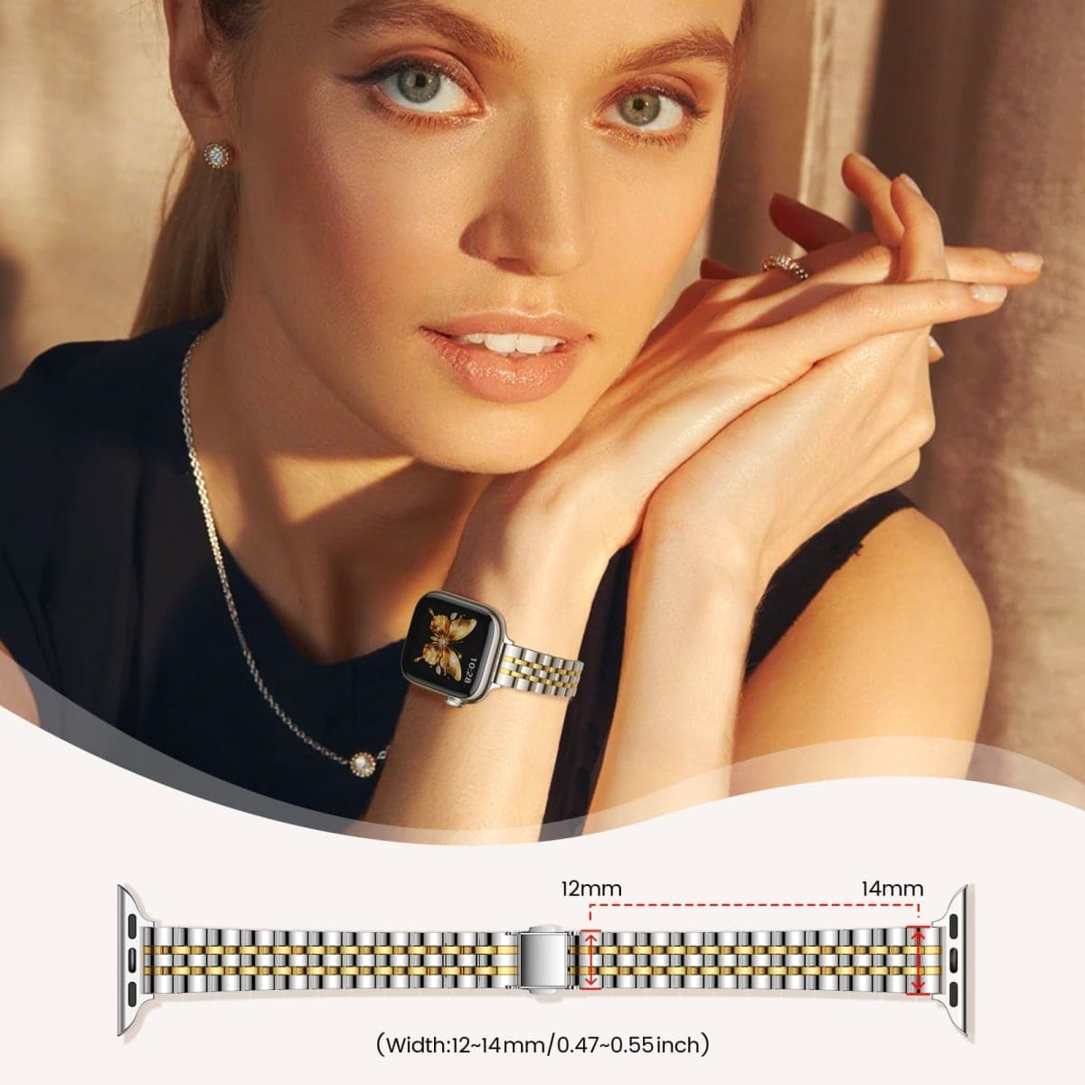 STIROLL Slim Metal Band Compatible with Apple Watch 42mm(Series 10) 41mm 40mm 38mm, Dressy Thin Stainless Steel Chain Strap for Women iWatch Bands Series 9 8 7 6 5 4 3 2 1 SE,Silver Gold thumbnail 2