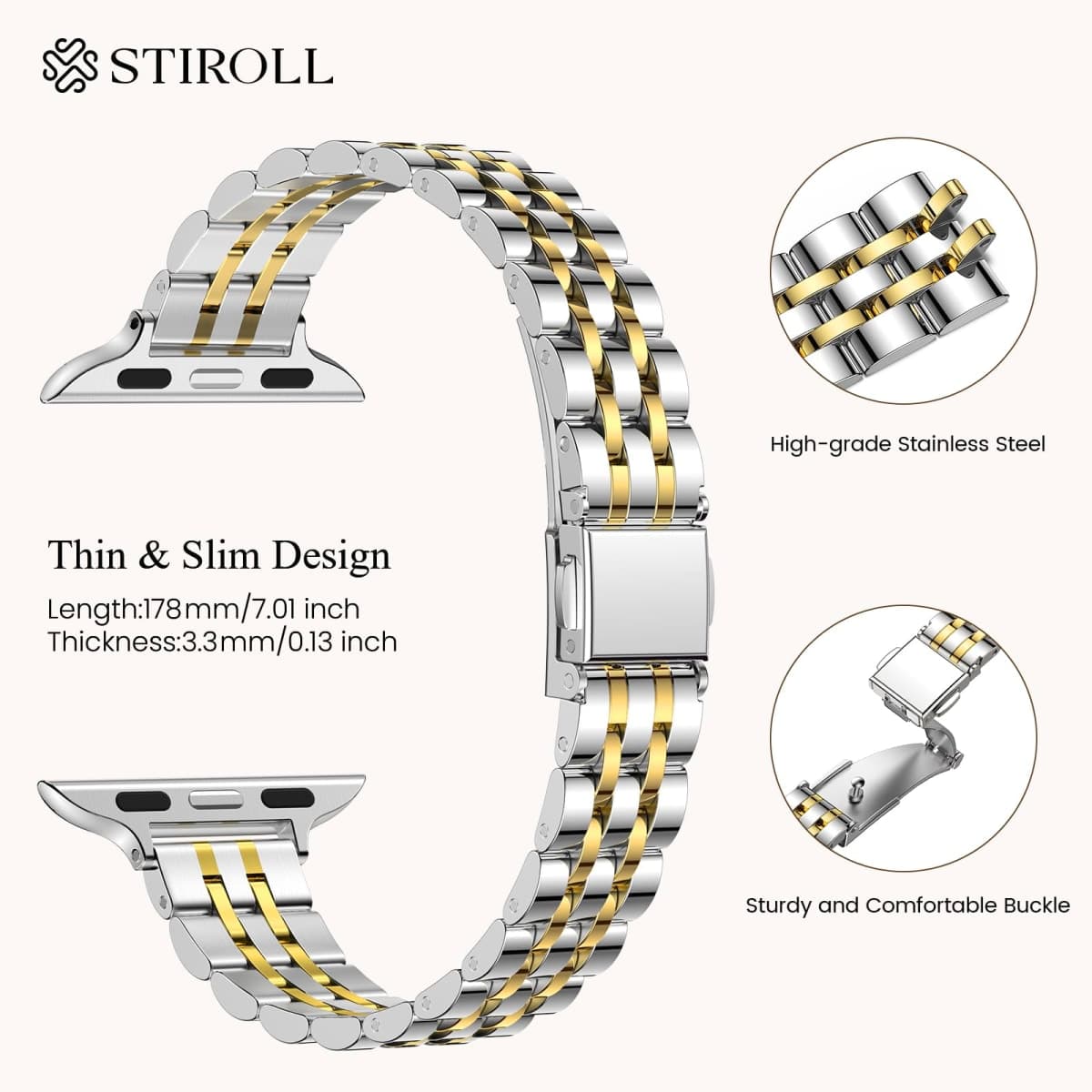 STIROLL Slim Metal Band Compatible with Apple Watch 42mm(Series 10) 41mm 40mm 38mm, Dressy Thin Stainless Steel Chain Strap for Women iWatch Bands Series 9 8 7 6 5 4 3 2 1 SE,Silver Gold thumbnail 3