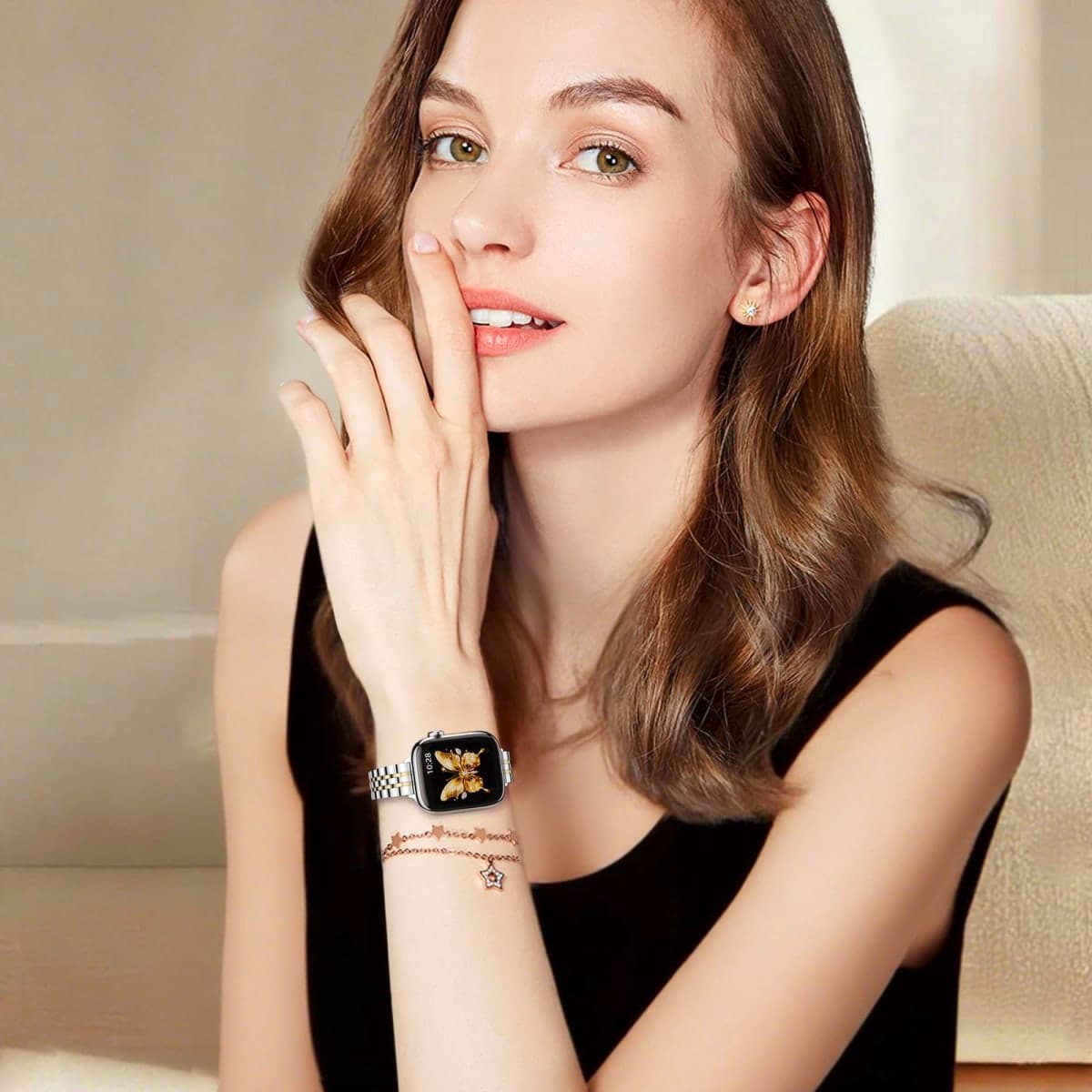 STIROLL Slim Metal Band Compatible with Apple Watch 42mm(Series 10) 41mm 40mm 38mm, Dressy Thin Stainless Steel Chain Strap for Women iWatch Bands Series 9 8 7 6 5 4 3 2 1 SE,Silver Gold thumbnail 5
