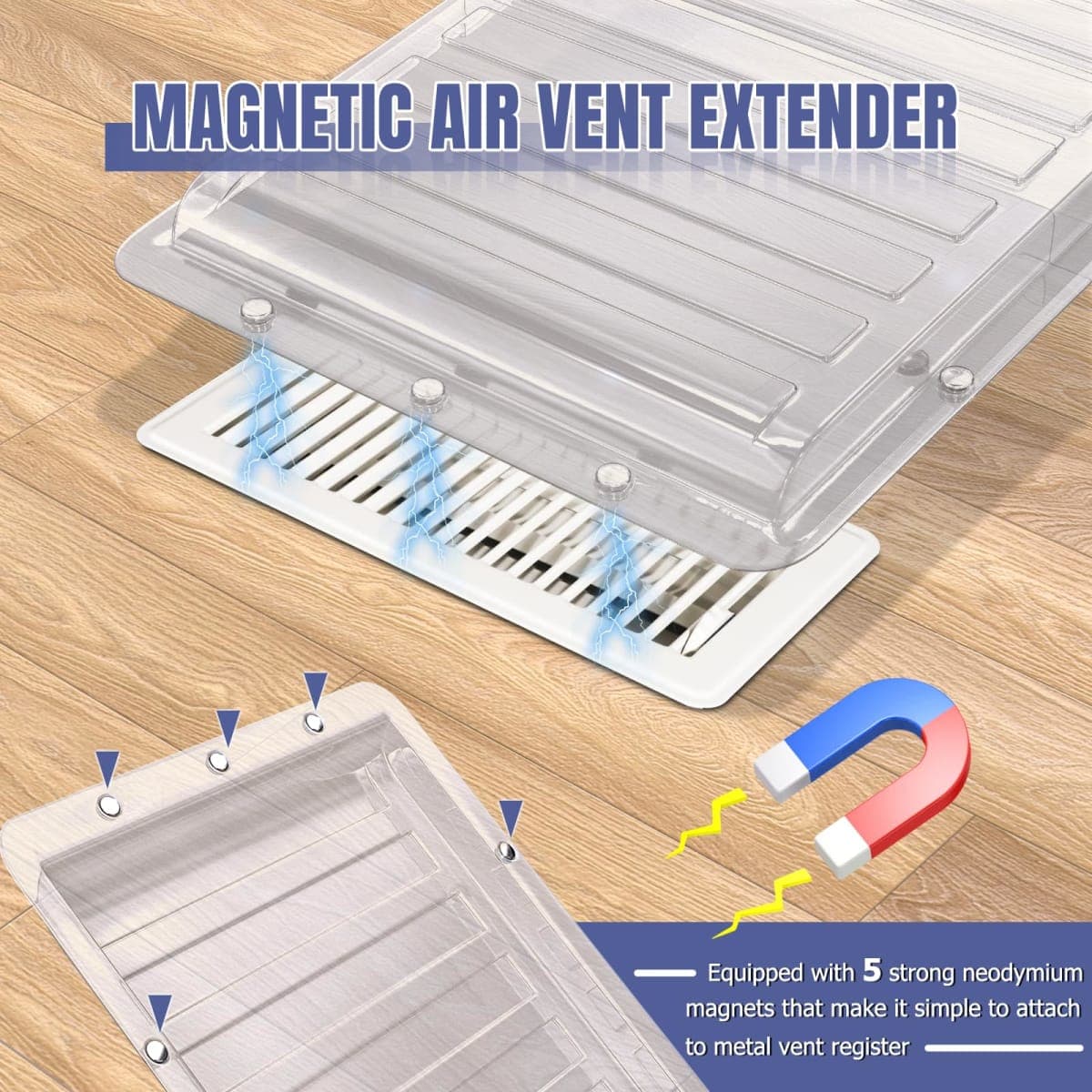Touri 2 Pack Magnetic Air Vent Extender for Under Furniture, Upgraded Thickened Floor Vent Deflectors for Home Floor, Thick PET Material, Fits 10" to 12" Floor Registers, Extends up to 28" Long thumbnail 2