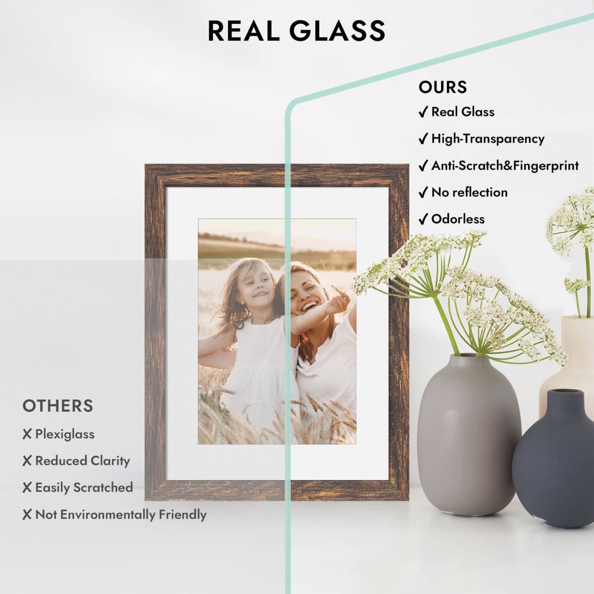 Hongkee 8x10 Picture Frame, Made of Real Glass and Wooden Frame, Horizontal and Vertical Display for Wall or Tabletop (Rustic Brown, 1 Pack) thumbnail 3