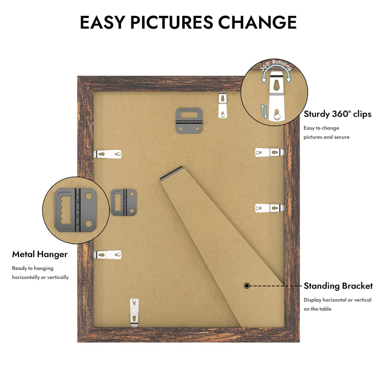 Hongkee 8x10 Picture Frame, Made of Real Glass and Wooden Frame, Horizontal and Vertical Display for Wall or Tabletop (Rustic Brown, 1 Pack) thumbnail 4