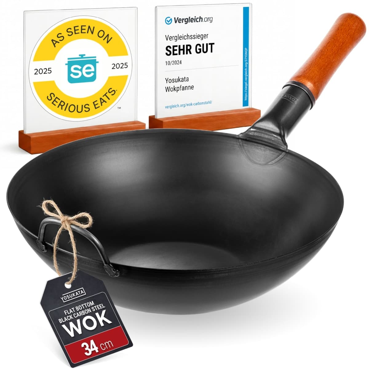 YOSUKATA 34 cm Carbon Steel Wok Pan – Pre-Seasoned Flat Bottom Pow Wok for Stir Fry, BBQ, Grill & Camping – Traditional Japanese & Chinese Cookware – Compatible with Induction, Electric, Gas Open Fire
