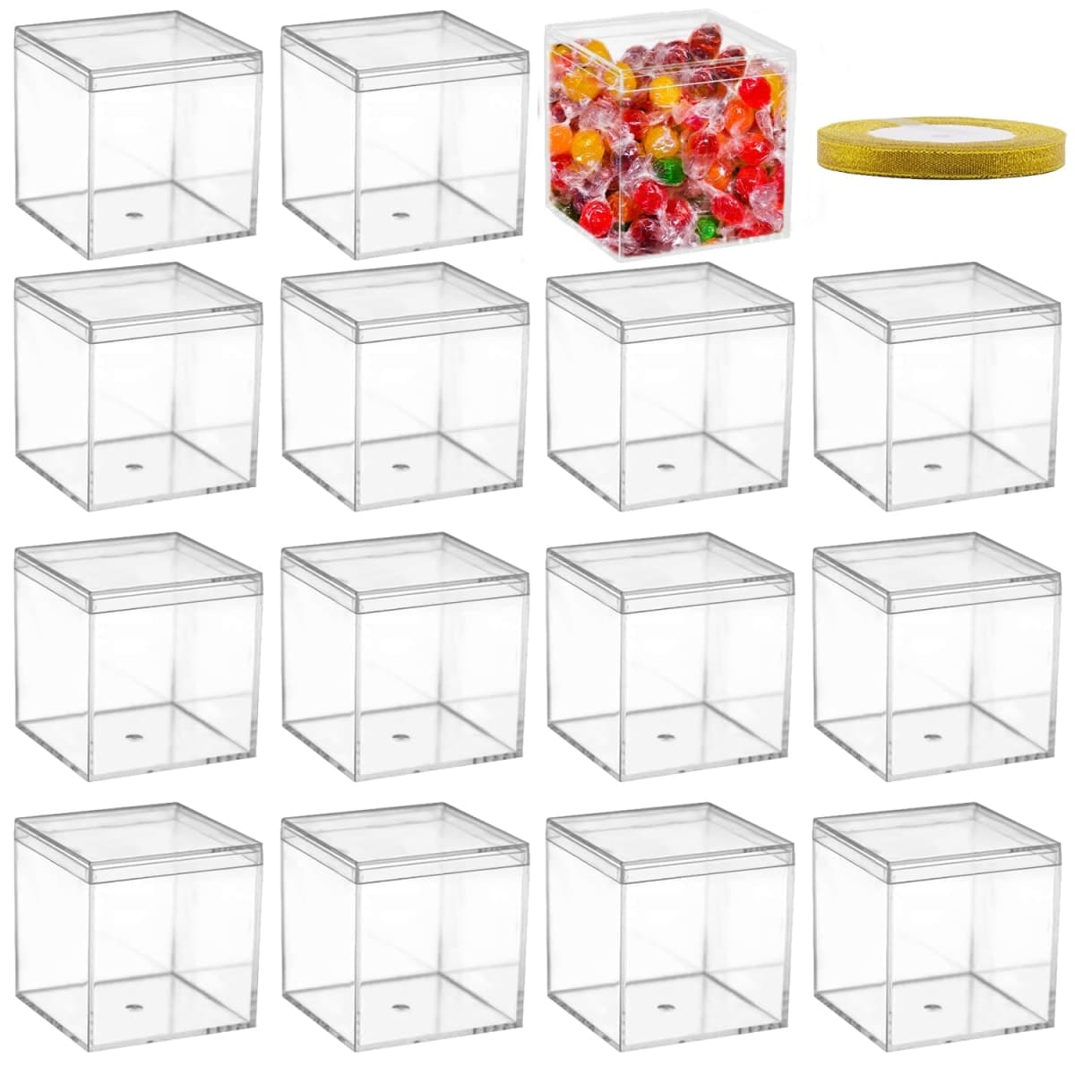 Clear Plastic Square Cube,15 Pack Small Plastic Storage Box With Lid Transparent Clear Square Containers Display Boxes Gift Box With Glitter Ribbon,Storage Box with Lid for Candy (Clear, 3.3 x 3.3 IN) — image 1
