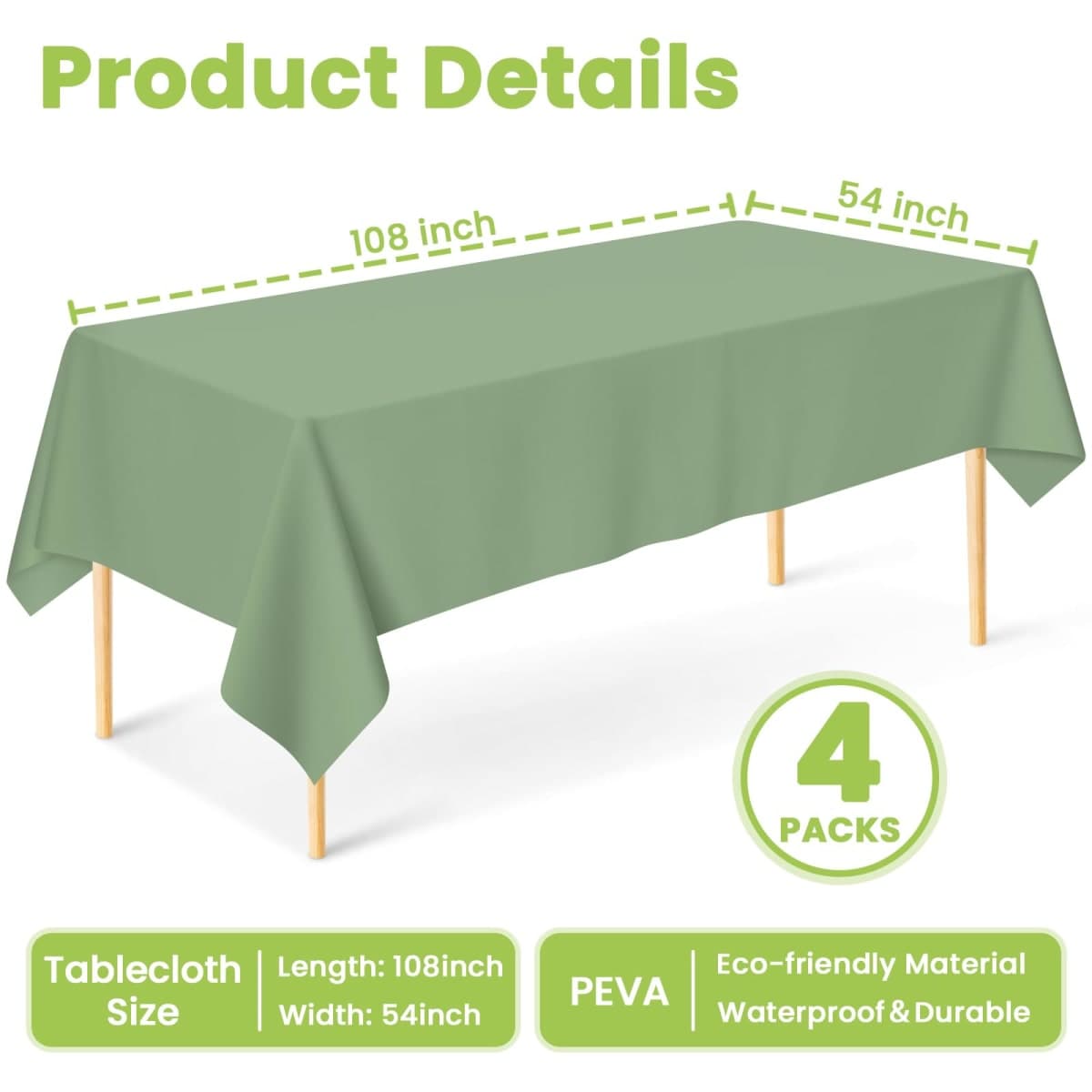 2 Pcs Sage Green Tablecloth Plastic 54 ×108 Inches Rectangle Sage Green Tablecloth Disposable Plastic Waterproof Table Cover for Outdoor Picnic, Kitchen, Holiday Birthday Wedding Baby Shower Party thumbnail 3