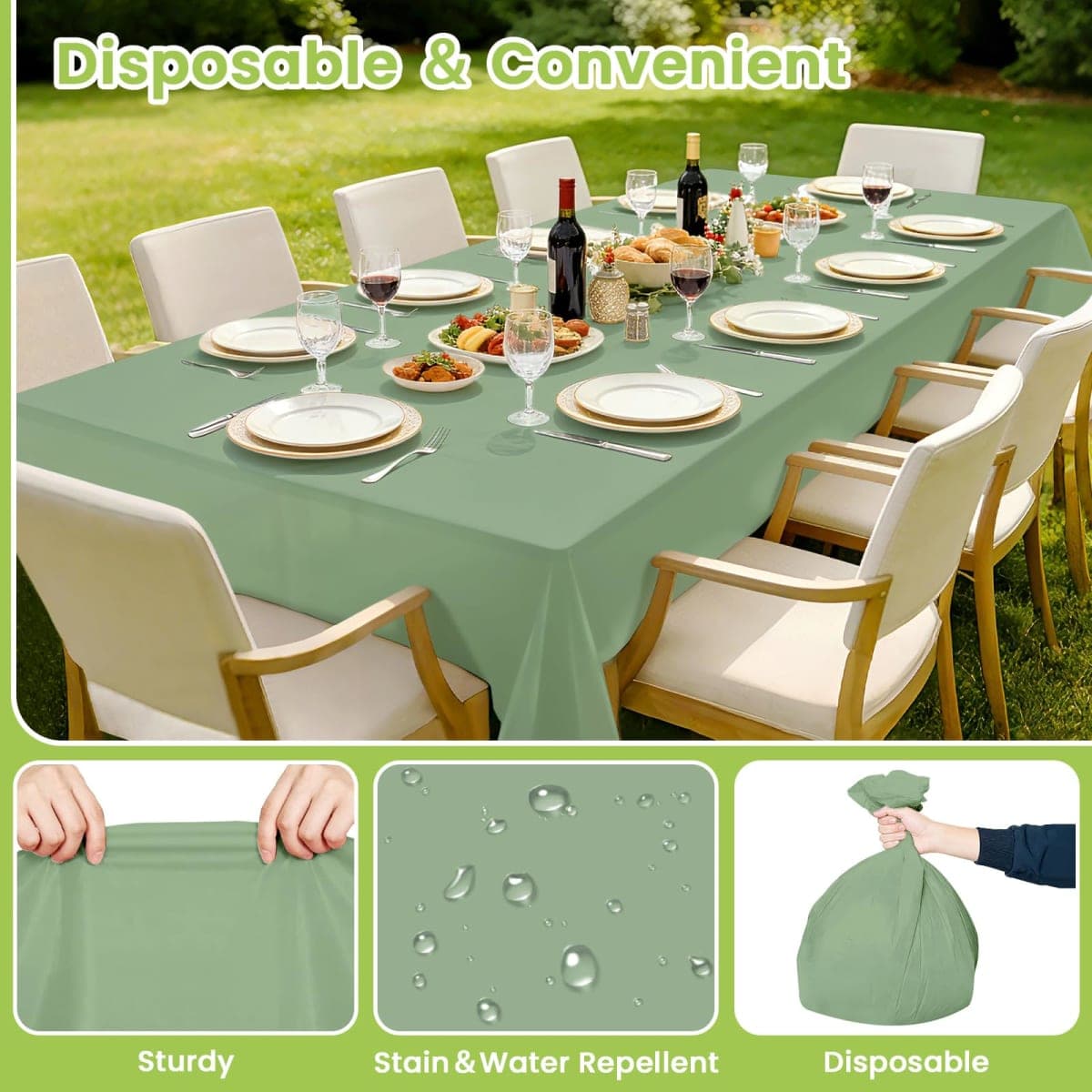 2 Pcs Sage Green Tablecloth Plastic 54 ×108 Inches Rectangle Sage Green Tablecloth Disposable Plastic Waterproof Table Cover for Outdoor Picnic, Kitchen, Holiday Birthday Wedding Baby Shower Party thumbnail 5