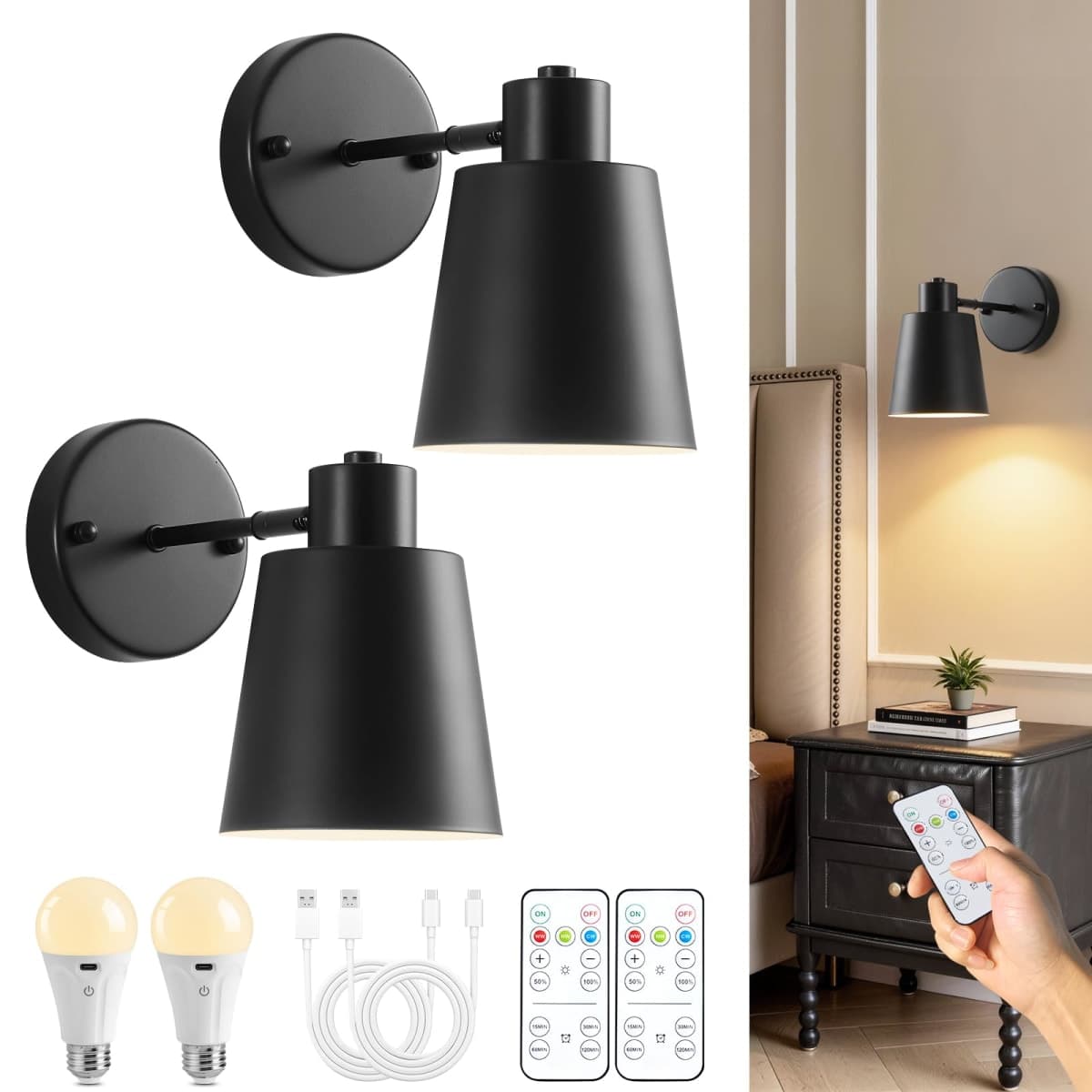 Black Battery Operated Wall Sconces Set of Two with Remote, Rechargeable Battery Powered Wall Lights, 3 Color Temperature, Dimmable, Modern Wireless Wall Lamps for Bedroom Living Room Hallway