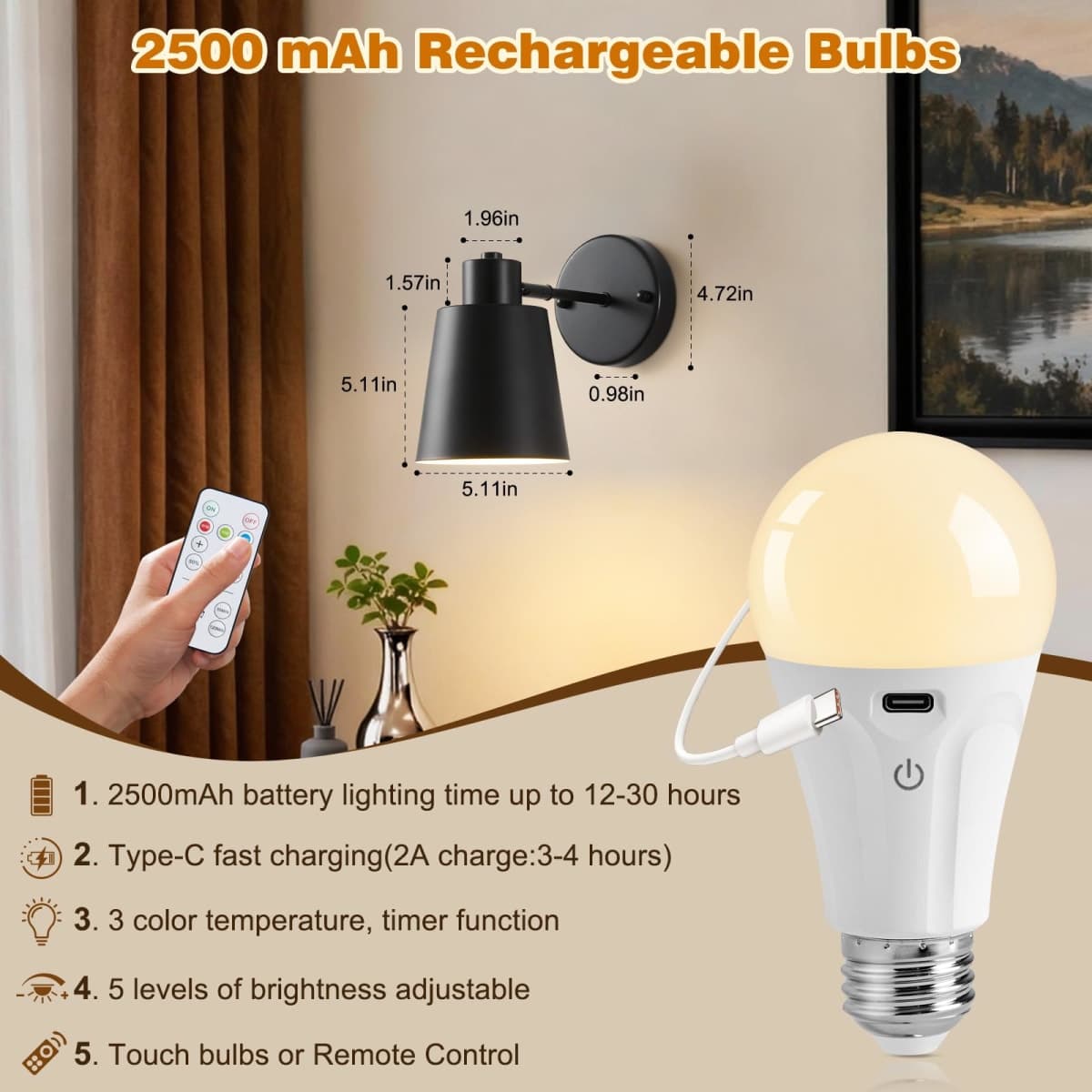 Black Battery Operated Wall Sconces Set of Two with Remote, Rechargeable Battery Powered Wall Lights, 3 Color Temperature, Dimmable, Modern Wireless Wall Lamps for Bedroom Living Room Hallway thumbnail 2