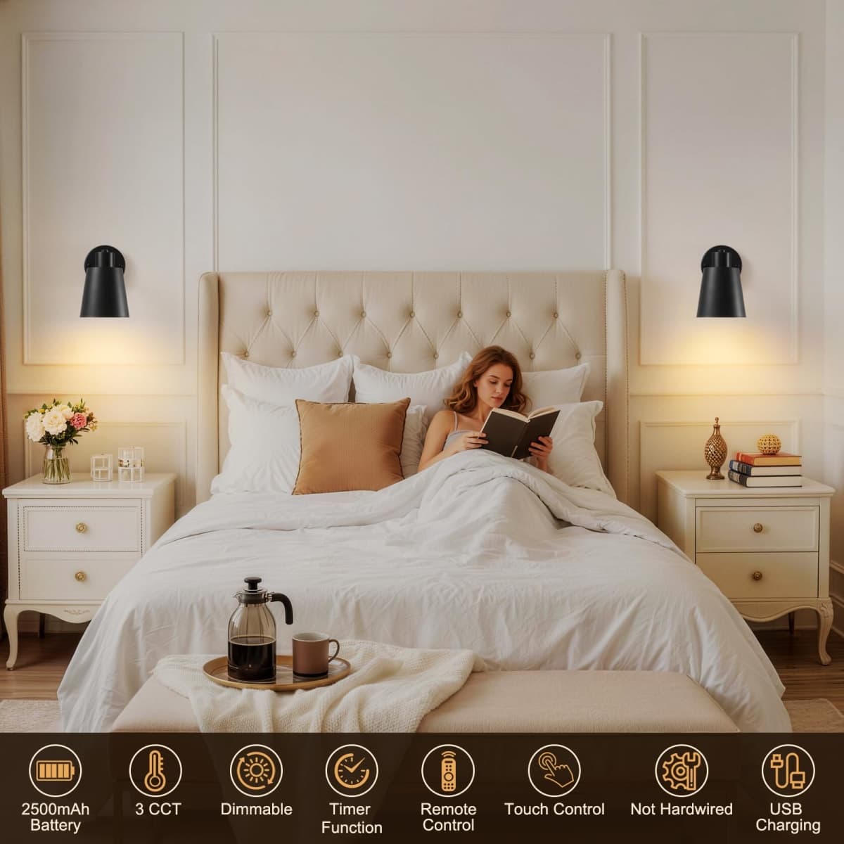 Black Battery Operated Wall Sconces Set of Two with Remote, Rechargeable Battery Powered Wall Lights, 3 Color Temperature, Dimmable, Modern Wireless Wall Lamps for Bedroom Living Room Hallway thumbnail 5