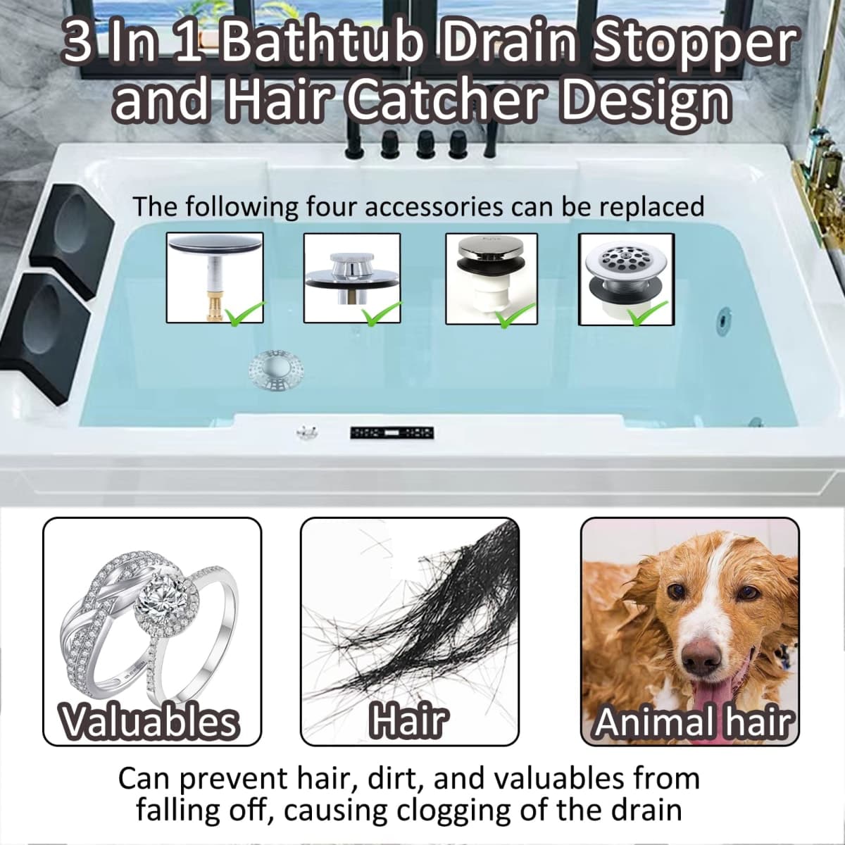AzWzz Universal Tub Stopper Bathtub Drain Plug, Pop Up Tub Drain Hair Catcher, Drain Cover with Strainer, for 1-3/8 to 2in Bath Drain Hole thumbnail 2