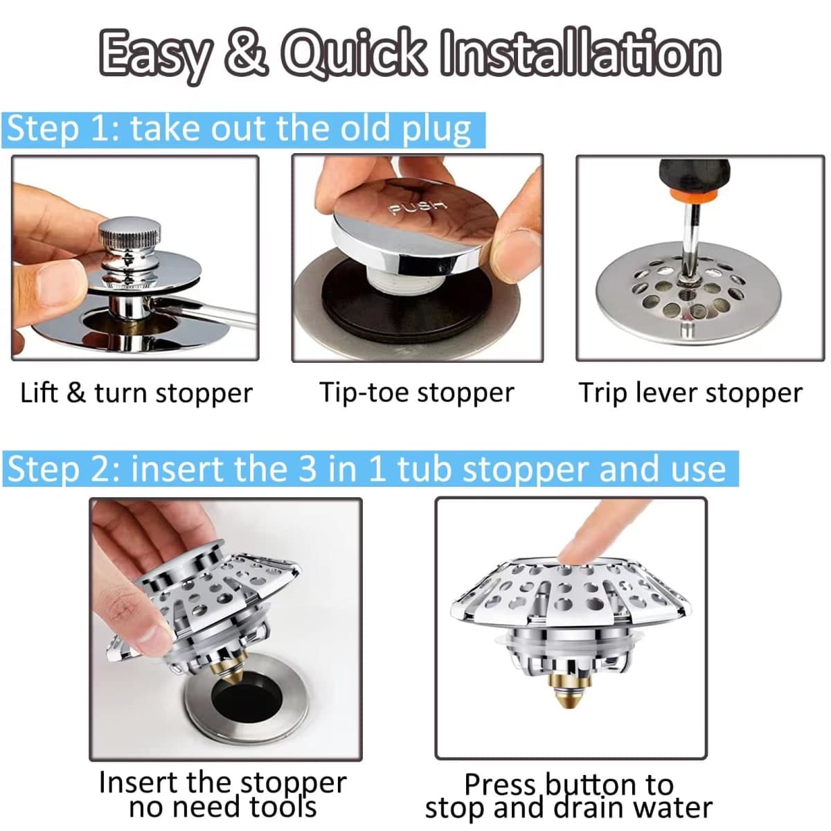 AzWzz Universal Tub Stopper Bathtub Drain Plug, Pop Up Tub Drain Hair Catcher, Drain Cover with Strainer, for 1-3/8 to 2in Bath Drain Hole thumbnail 3