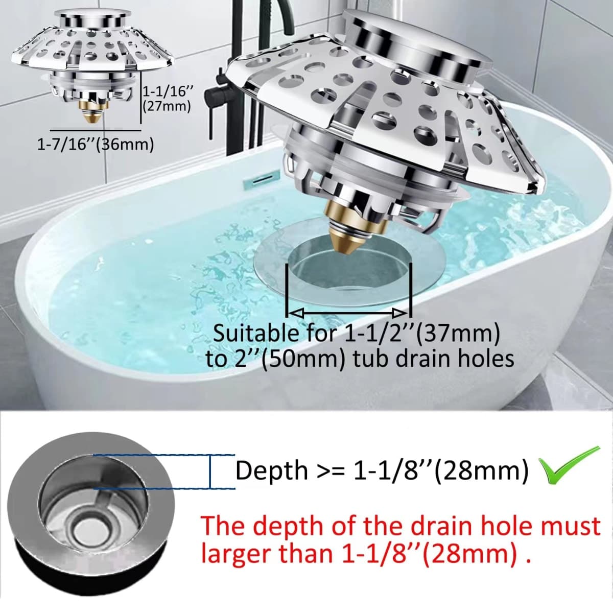 AzWzz Universal Tub Stopper Bathtub Drain Plug, Pop Up Tub Drain Hair Catcher, Drain Cover with Strainer, for 1-3/8 to 2in Bath Drain Hole thumbnail 4