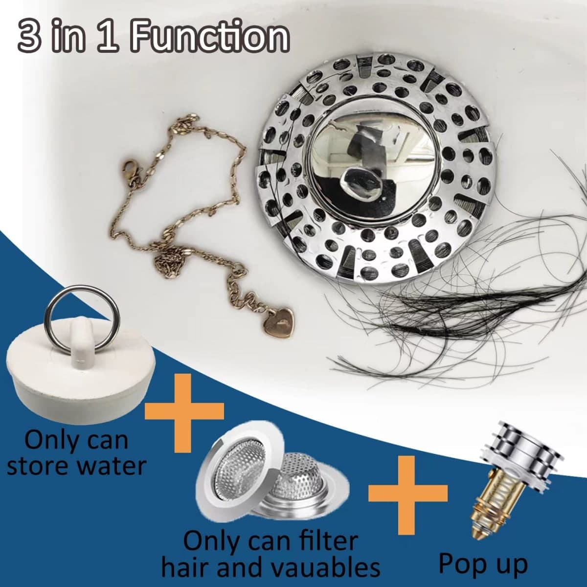 AzWzz Universal Tub Stopper Bathtub Drain Plug, Pop Up Tub Drain Hair Catcher, Drain Cover with Strainer, for 1-3/8 to 2in Bath Drain Hole thumbnail 5