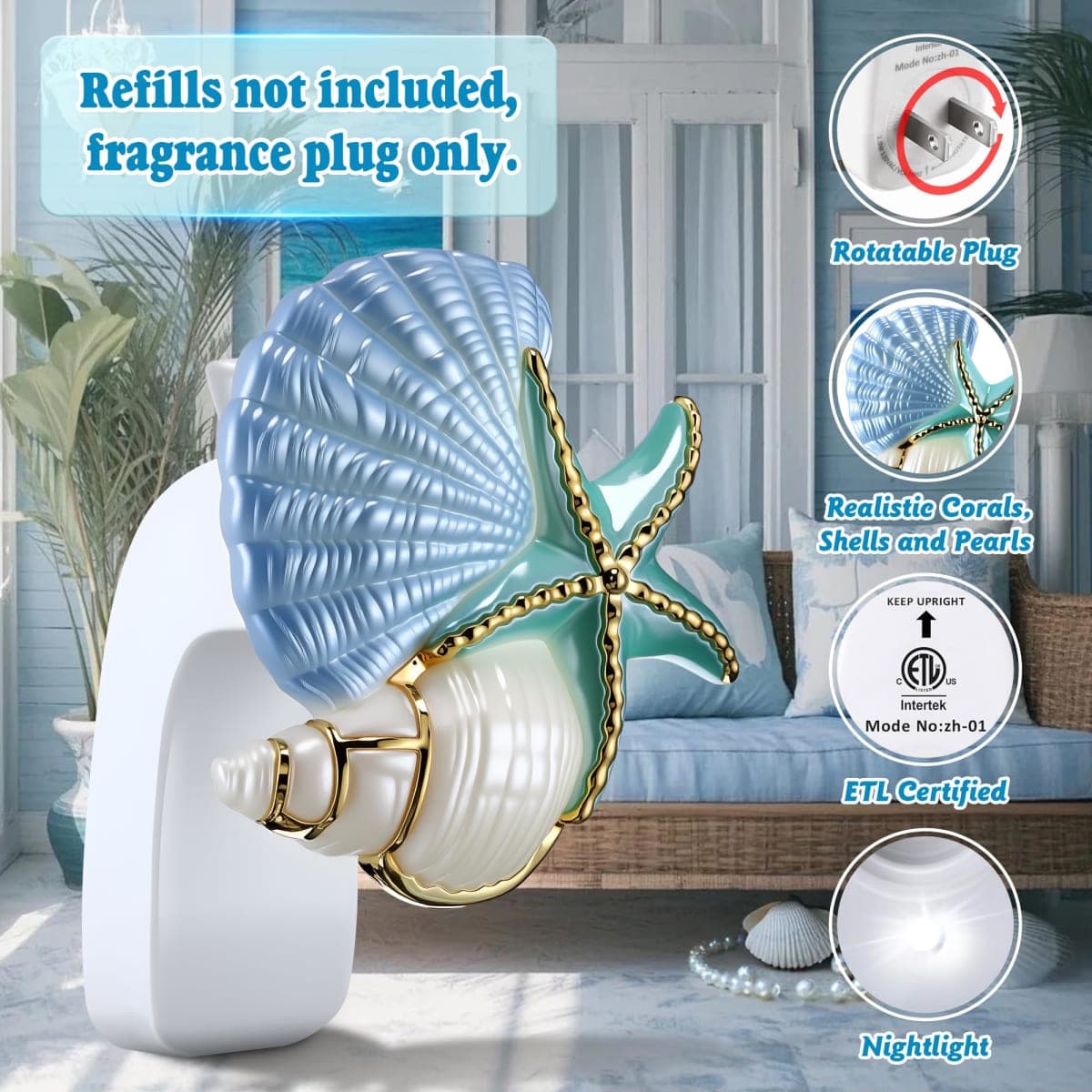 Hohean Wall Fragrance Plug in with Night Light Compatible with Bath & Body Works WallFlower Fragrance, Marine Style Essential Oil Diffuser Plug with Rotary Design (Shell Starfish Conch) thumbnail 3
