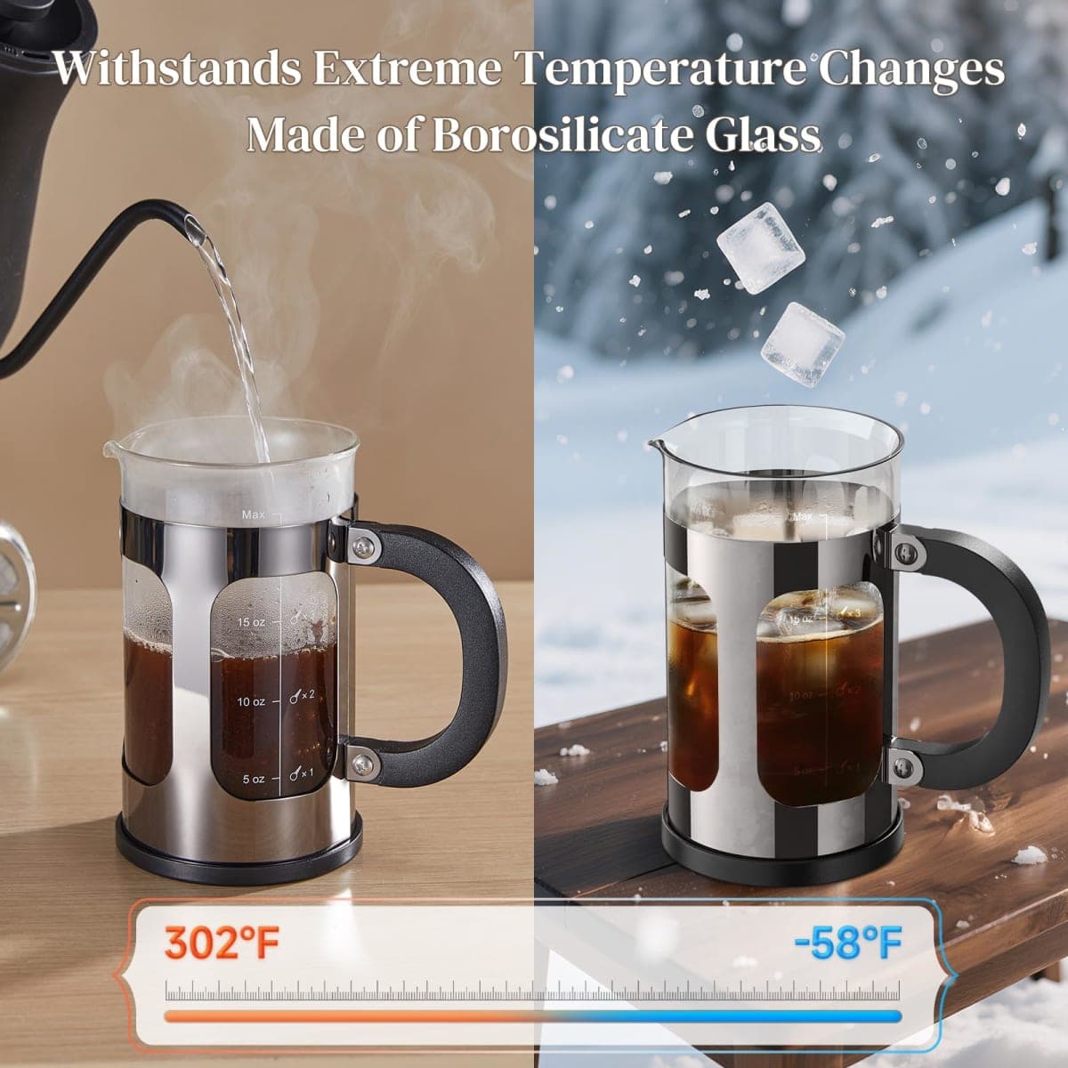 Veken French Press Coffee Maker 21oz 0.6 L, Single Serve Small Pot, Heat Resistant Thickened Borosilicate Glass,Stainless Steel Brewer,Cold Brew Cafetera Teapot for Kitchen Travel Camping, Dark Pewter thumbnail 3