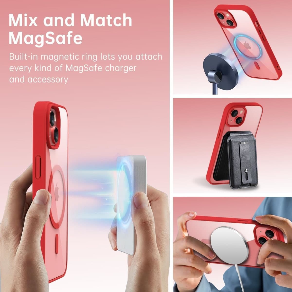 oakxco iPhone 14 Magnetic Case Clear, Compatible with Magsafe Charging, Slim Fit Protective Phone Case for iPhone 14, Shockproof Soft Silicone TPU Bumper&Hard PC, Red thumbnail 5