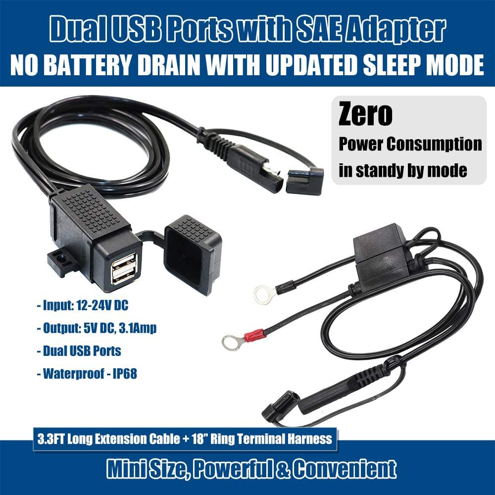 MOTOPOWER MP0609EA 3.1Amp Waterproof Motorcycle Dual USB Charger Kit SAE to USB Adapter Cable Phone Tablet GPS Charger with SAE Ring Terminal Cable Harness thumbnail 2