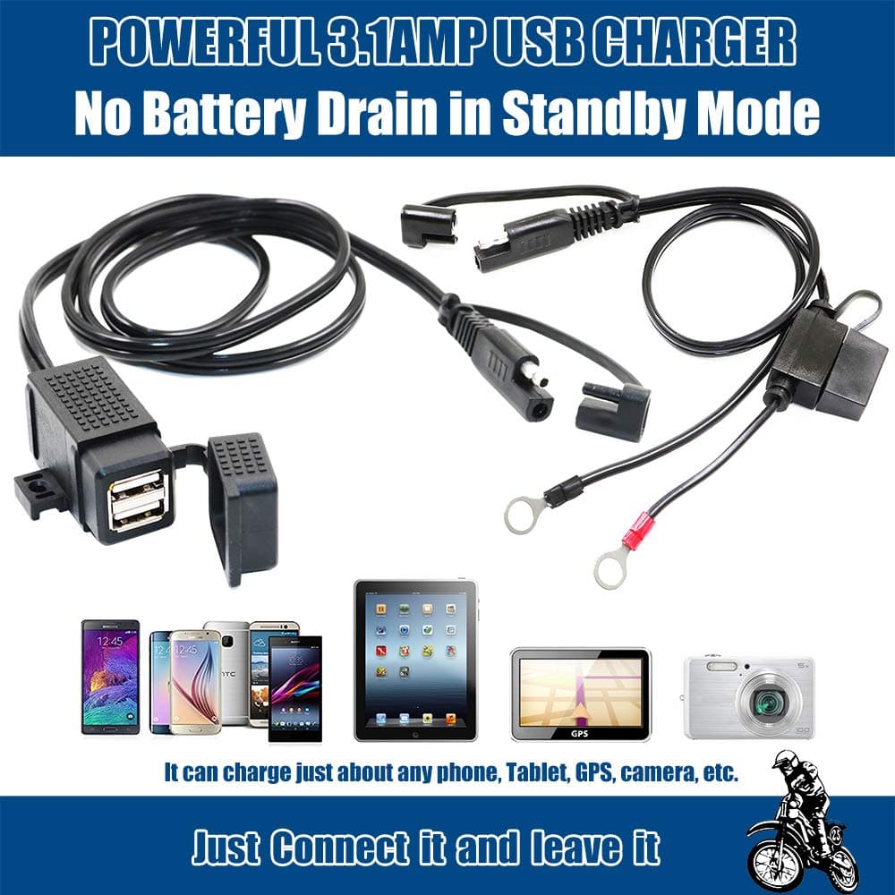 MOTOPOWER MP0609EA 3.1Amp Waterproof Motorcycle Dual USB Charger Kit SAE to USB Adapter Cable Phone Tablet GPS Charger with SAE Ring Terminal Cable Harness thumbnail 3