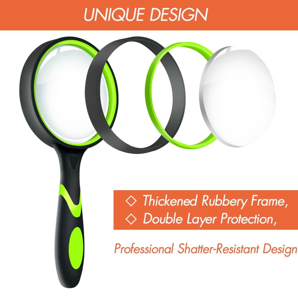 Leffis 2 Pack 10X Magnifying Glass for Seniors & Kids, Non-Slip Handheld Magnifier for Reading, 75mm Magnify Glasses Lens for Close Work, and Hobby Observation Green and Orange thumbnail 2