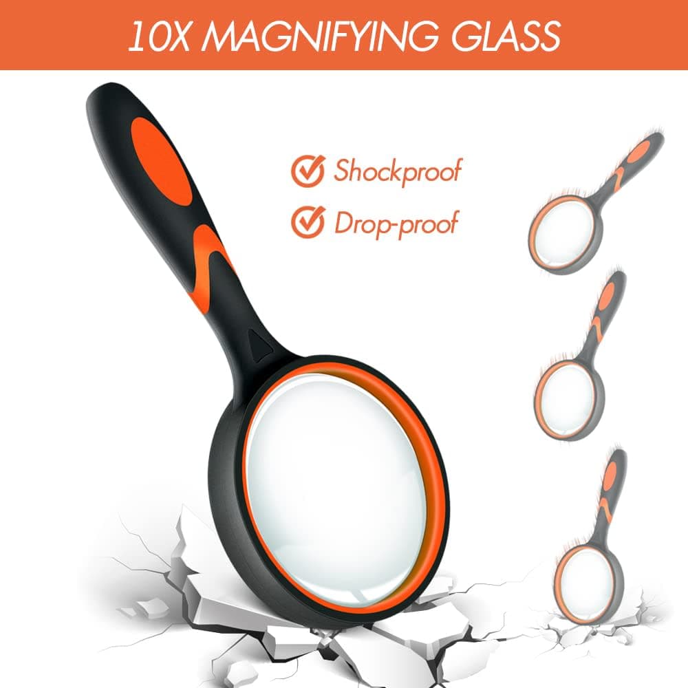 Leffis 2 Pack 10X Magnifying Glass for Seniors & Kids, Non-Slip Handheld Magnifier for Reading, 75mm Magnify Glasses Lens for Close Work, and Hobby Observation Green and Orange thumbnail 3