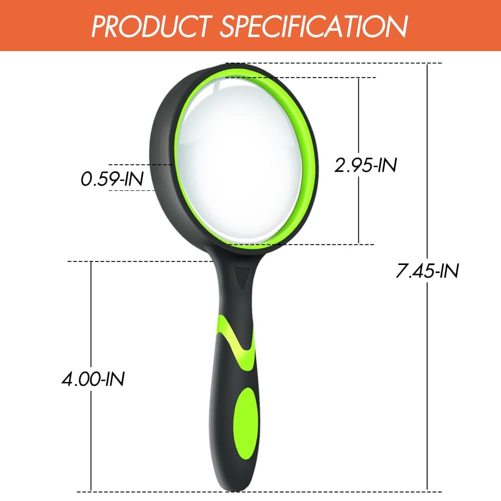 Leffis 2 Pack 10X Magnifying Glass for Seniors & Kids, Non-Slip Handheld Magnifier for Reading, 75mm Magnify Glasses Lens for Close Work, and Hobby Observation Green and Orange thumbnail 4