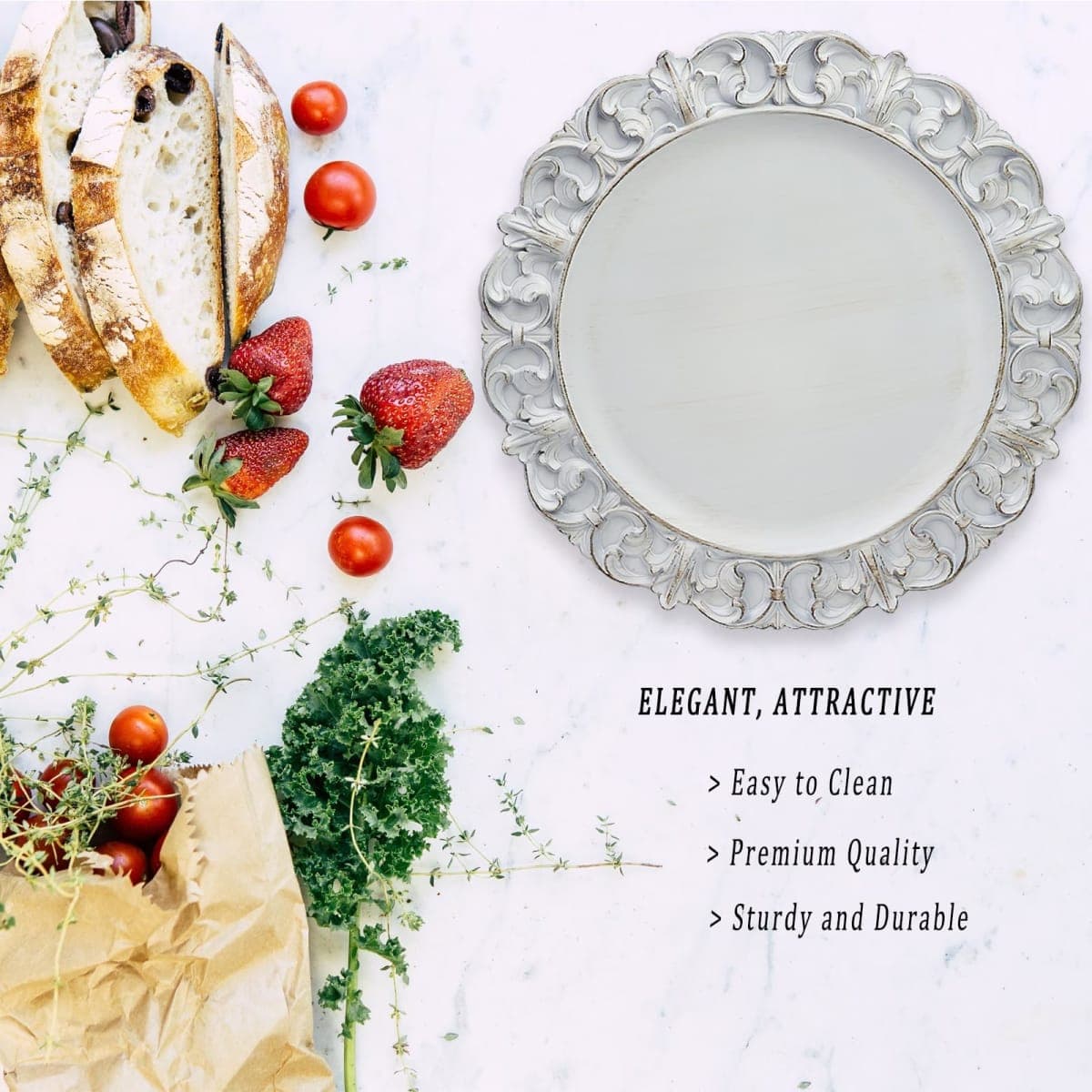 Leemxiiny 13" Antique White Charger Plates, Set of 6 Plastic Textured Chargers for Dinner Plates with Embossed Rim, Table Décor, Party, Wedding, Holiday thumbnail 3