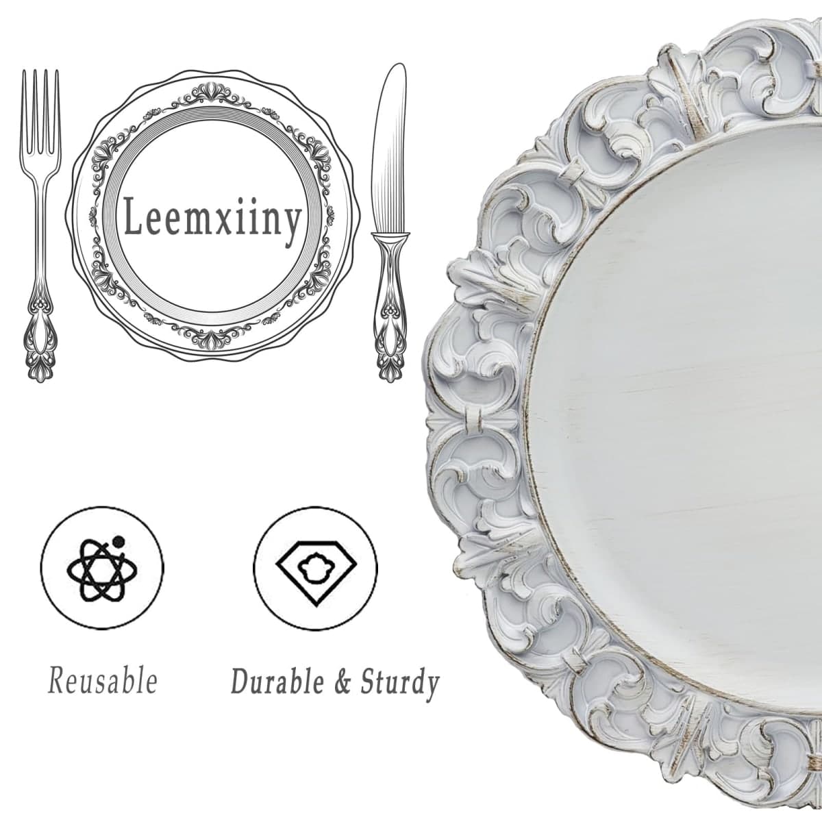 Leemxiiny 13" Antique White Charger Plates, Set of 6 Plastic Textured Chargers for Dinner Plates with Embossed Rim, Table Décor, Party, Wedding, Holiday thumbnail 4
