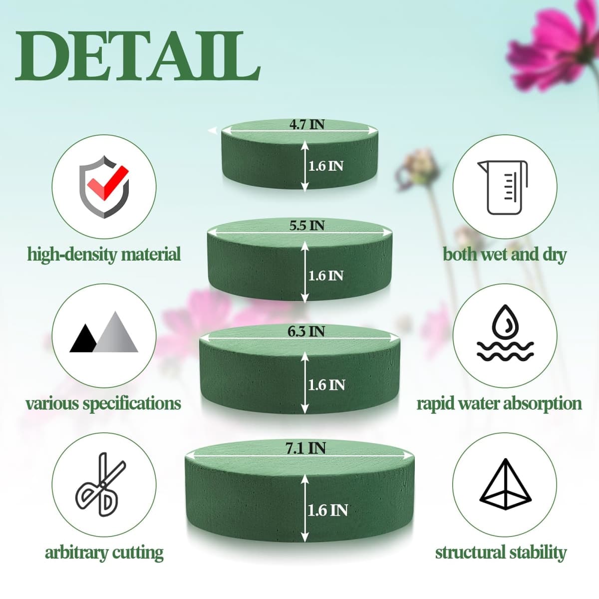 Pangda 4 Pcs Round Floral Foam Blocks in Different Sizes, Large and Small Dried Flower Foam Bricks for Artificial Flowers Arrangements Craft Projects Wedding Aisle Flowers Party Decorations thumbnail 3