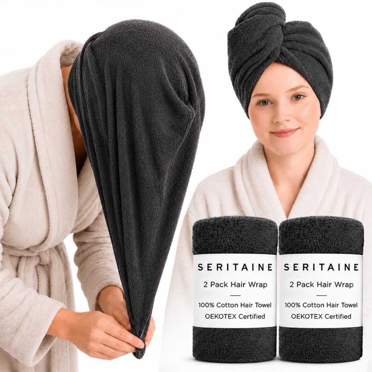 Seritaine Hair Towel Wrap for Women 2 Pack – 100% Turkish Cotton Turban for Wet Hair Quick Dry – Soft & Gentle Head Towel Cap– Soft and Absorbent Cotton - 10x26 inch — image 1