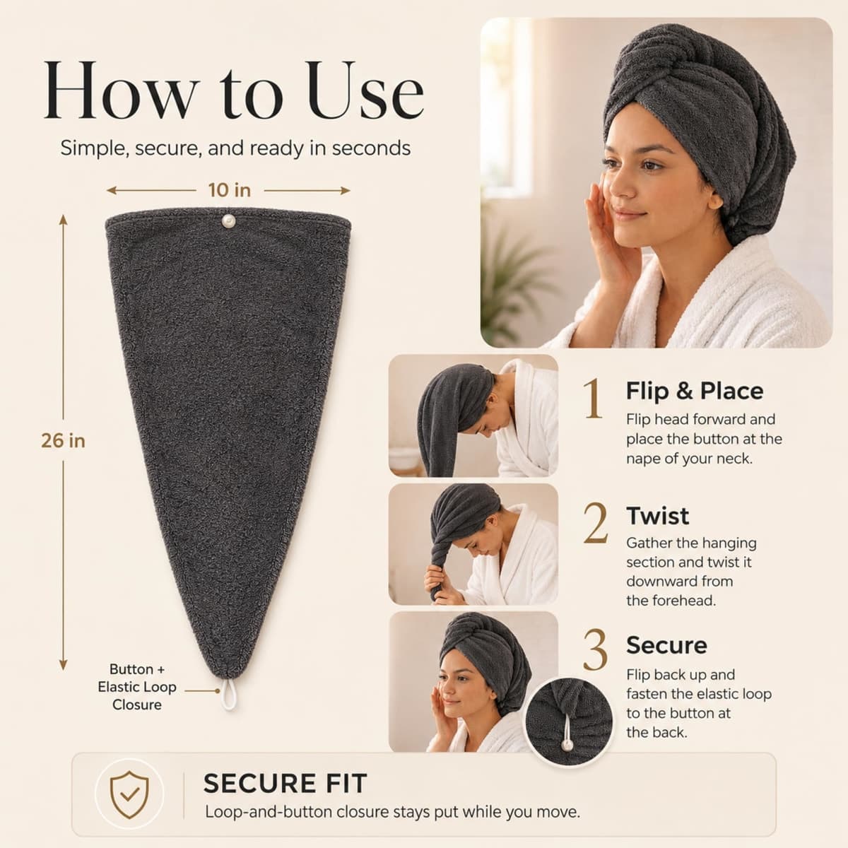 Seritaine Hair Towel Wrap for Women 2 Pack – 100% Turkish Cotton Turban for Wet Hair Quick Dry – Soft & Gentle Head Towel Cap– Soft and Absorbent Cotton - 10x26 inch thumbnail 3