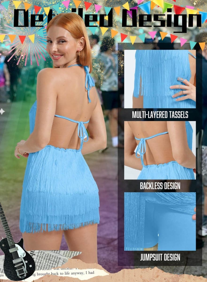 Sexy Backless Fringe Dress Jumpsuit - Western Country Concert Cowgirl Outfit for Women Nashville Tassel Romper(SkyBlue,L,1074a) thumbnail 3
