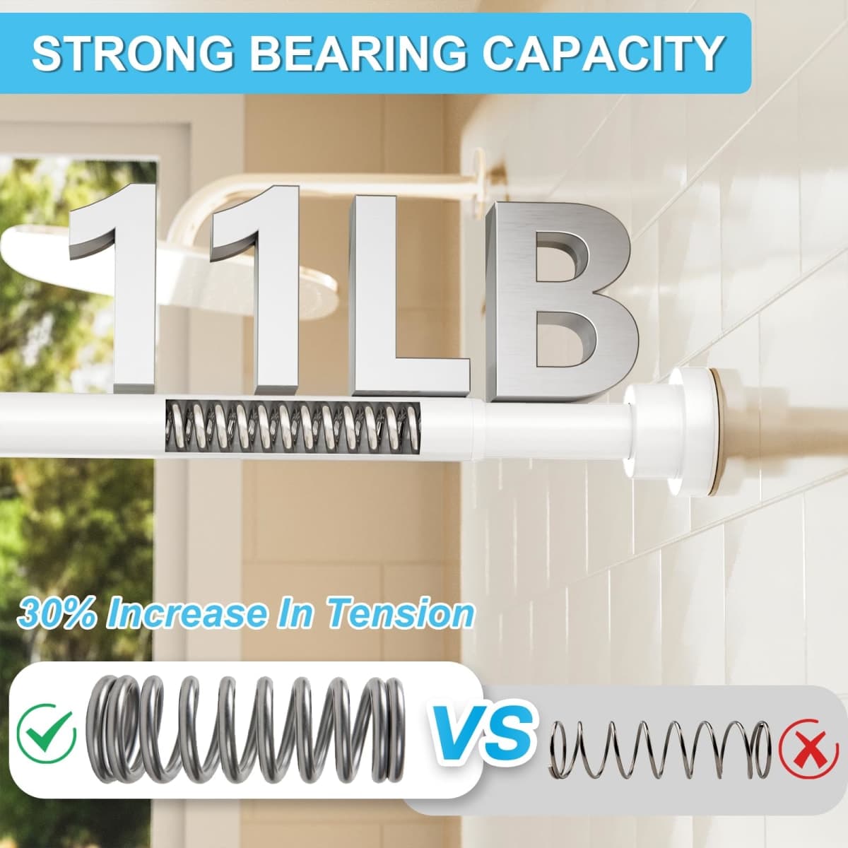 Tension Curtain Rod 30 To 63 Inch White Tension Rods Adjustable Spring Loaded Curtain Rods 7/8" Curtains Rods No Drilling Tension Rods For Windows Bedroom Closet Doorway Door thumbnail 2