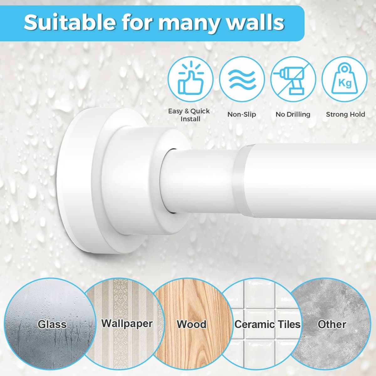 Tension Curtain Rod 30 To 63 Inch White Tension Rods Adjustable Spring Loaded Curtain Rods 7/8" Curtains Rods No Drilling Tension Rods For Windows Bedroom Closet Doorway Door thumbnail 3