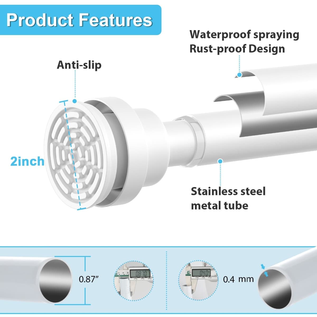 Tension Curtain Rod 30 To 63 Inch White Tension Rods Adjustable Spring Loaded Curtain Rods 7/8" Curtains Rods No Drilling Tension Rods For Windows Bedroom Closet Doorway Door thumbnail 4