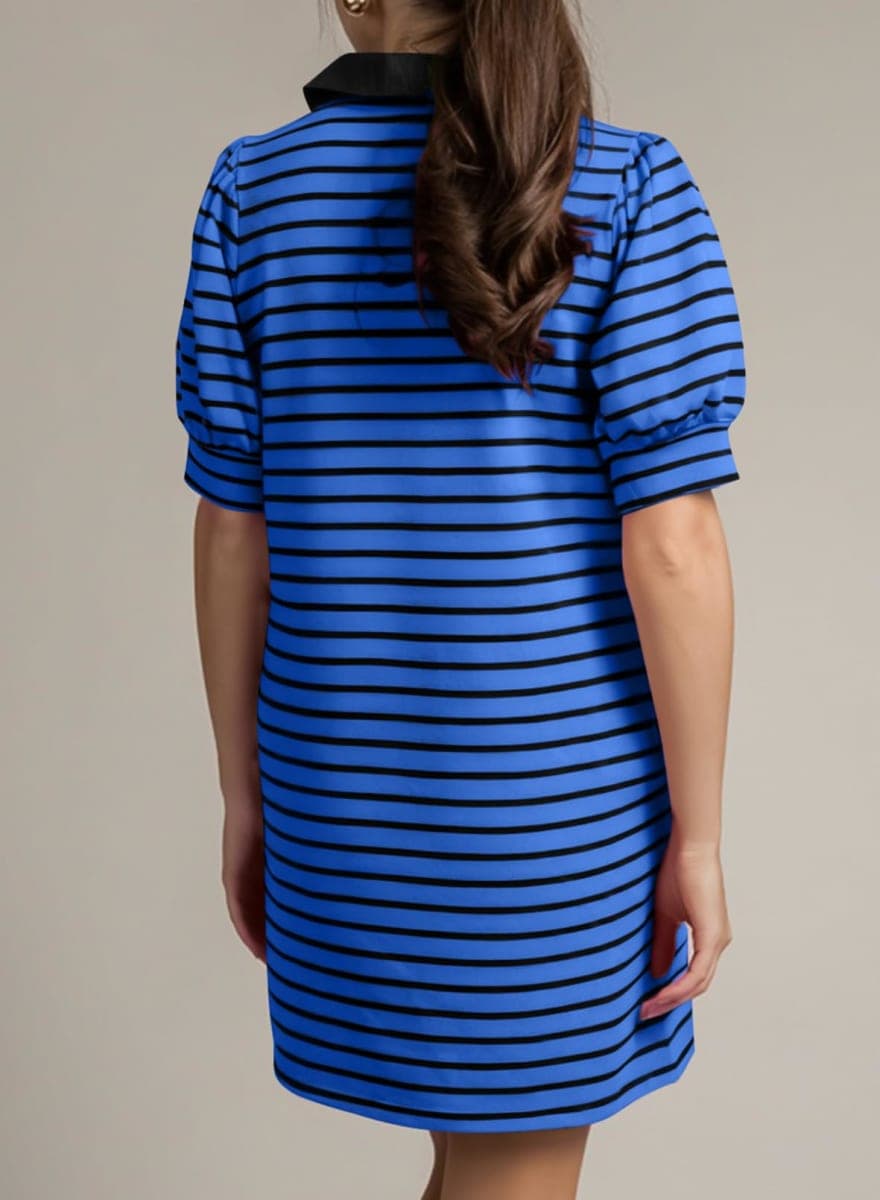 BLENCOT Women's Casual Puff Short Sleeve Polo V Neck Striped Dress Summer Loose Fit T Shirt Short Dresses with Pockets Blue S thumbnail 3