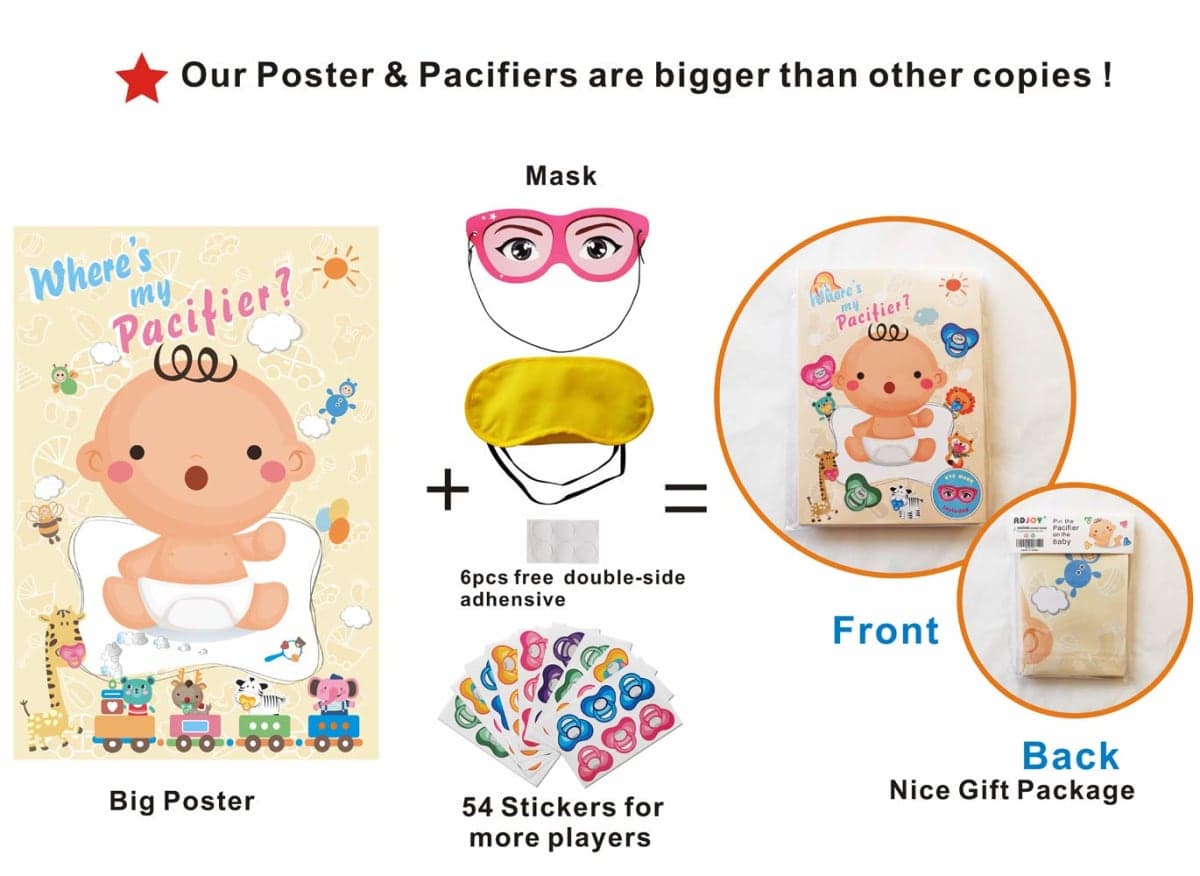 ADJOY Pin The Pacifier on The Baby Game - Baby Shower Party Favors and Game - Pin The Dummy on The Baby Game thumbnail 2