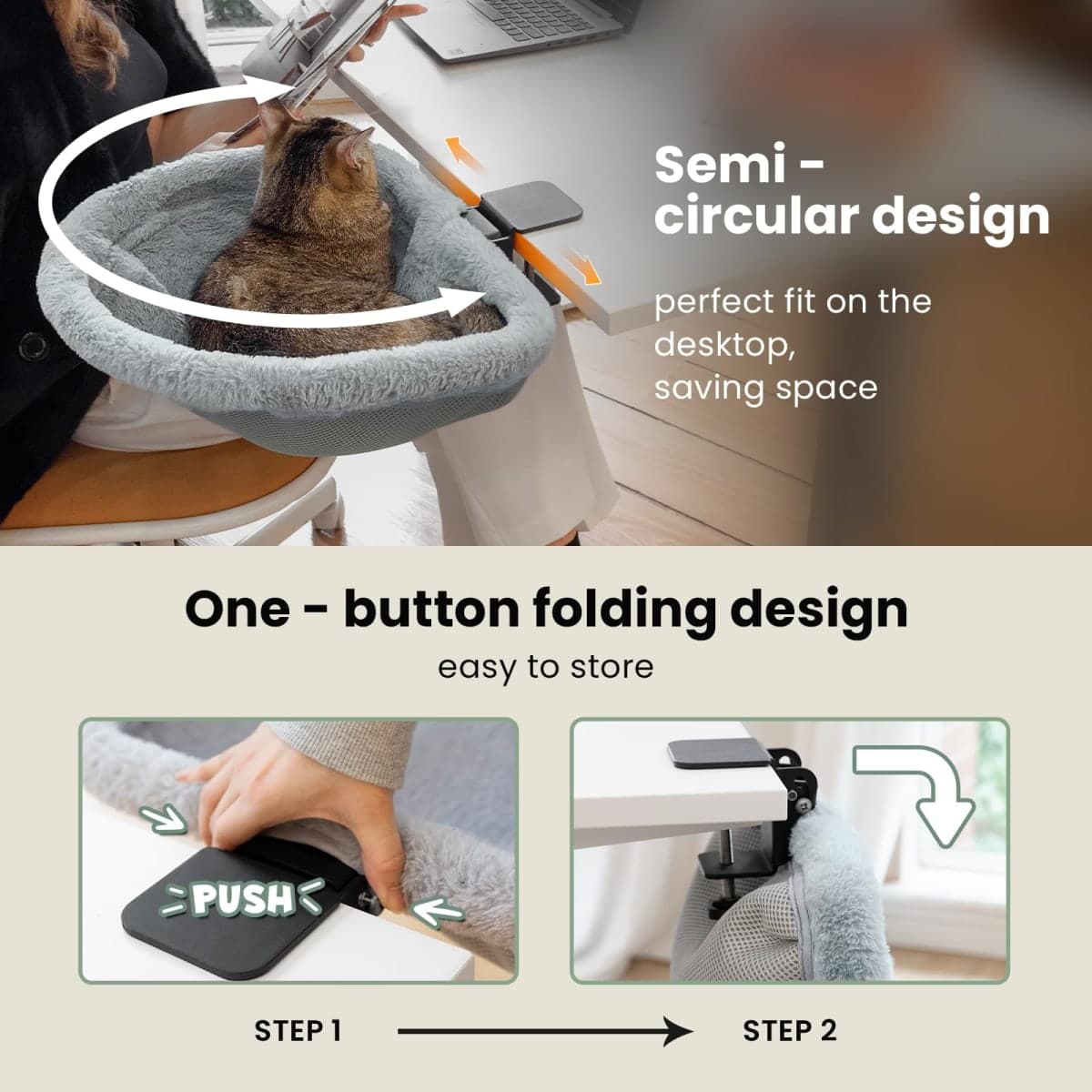 JUNSPOW Cat Desk Bed - One-Click Folding,Sunken Design & Space-Saving Semi-Circular Cat Bed, Soft Faux Rabbit Fur Material, Suitable for Various Desktops-Maximum Hold Up to 40lb thumbnail 4