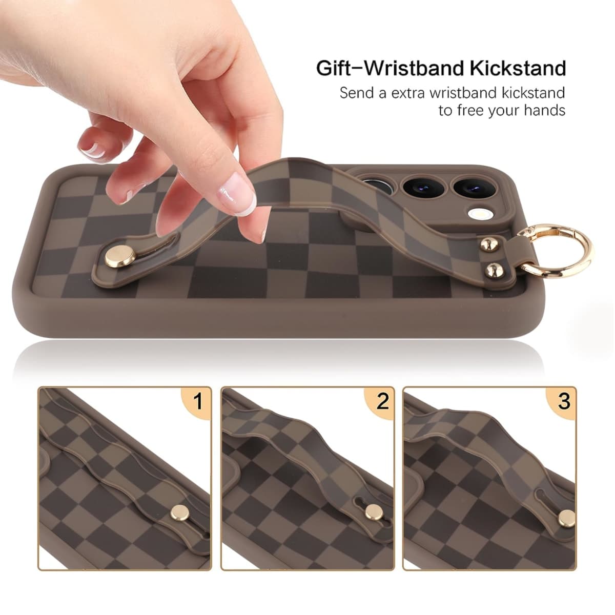 OOK Compatible with Samsung Galaxy S23 Plus Checkerd Case with Wrist Strap, Cute Brown Checkered Checkerboard TPU Shockproof Protection Slim Cover with Camera Protection for Women Girls, for 6.6inch thumbnail 2